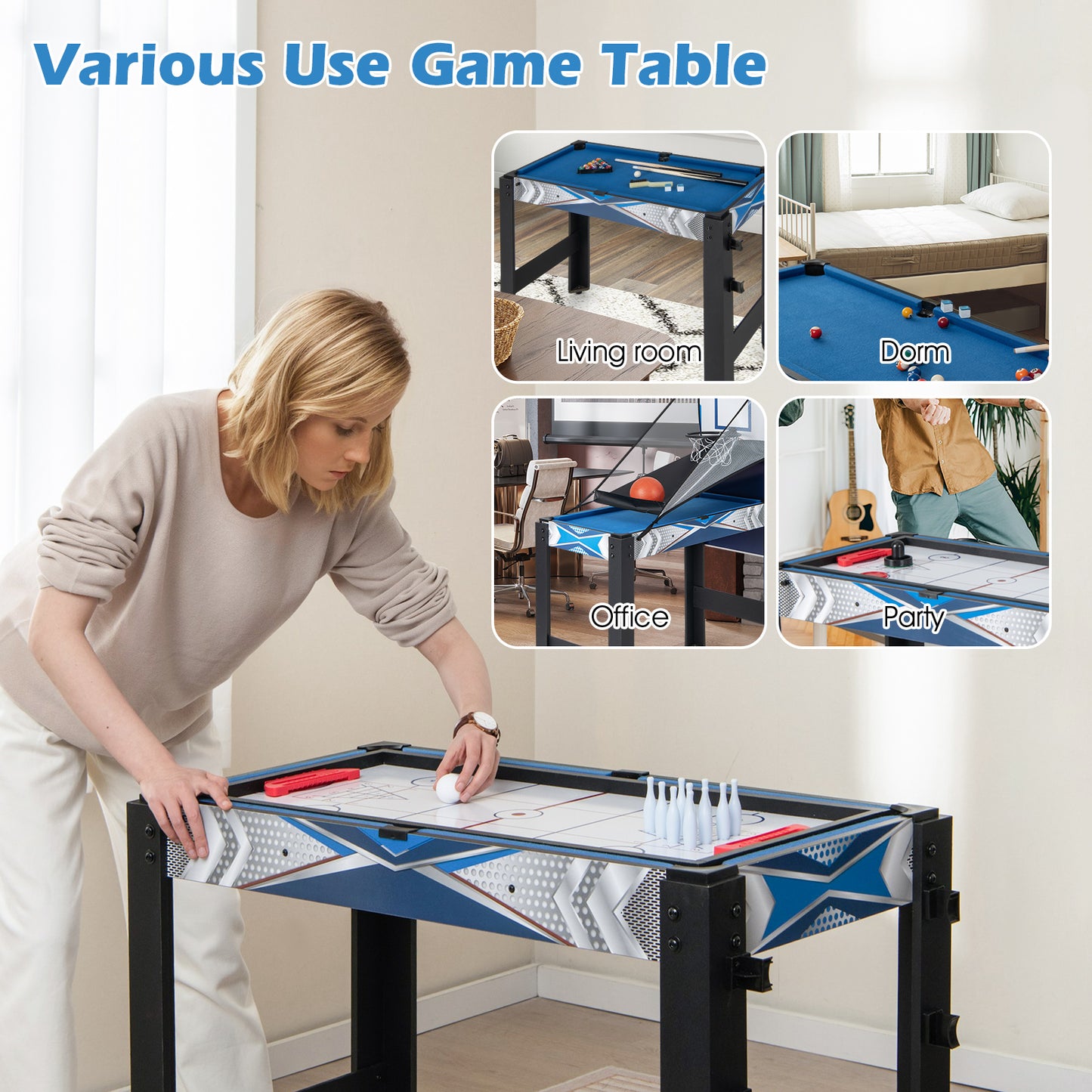 6-In-1 Combo Game Table with Basketball Billiards Ping Pong Hockey Shuffleboard Kids Crystal