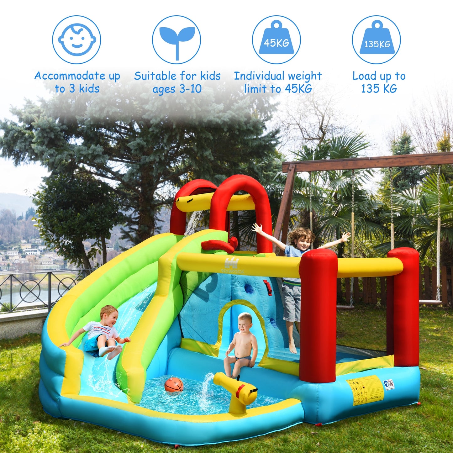6-in-1 Inflatable Bounce House with Climbing Wall and Basketball Hoop without Blower Kids Crystal