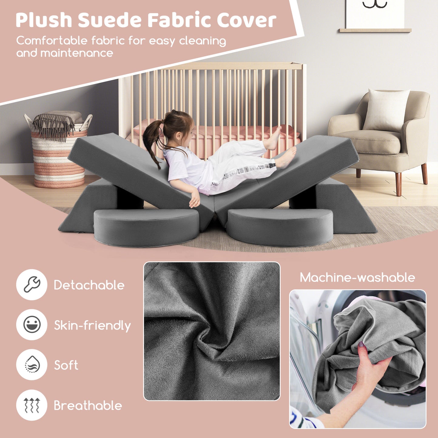 8 Pieces Kids Modular Play Sofa with Detachable Cover for Playroom and Bedroom-Gray