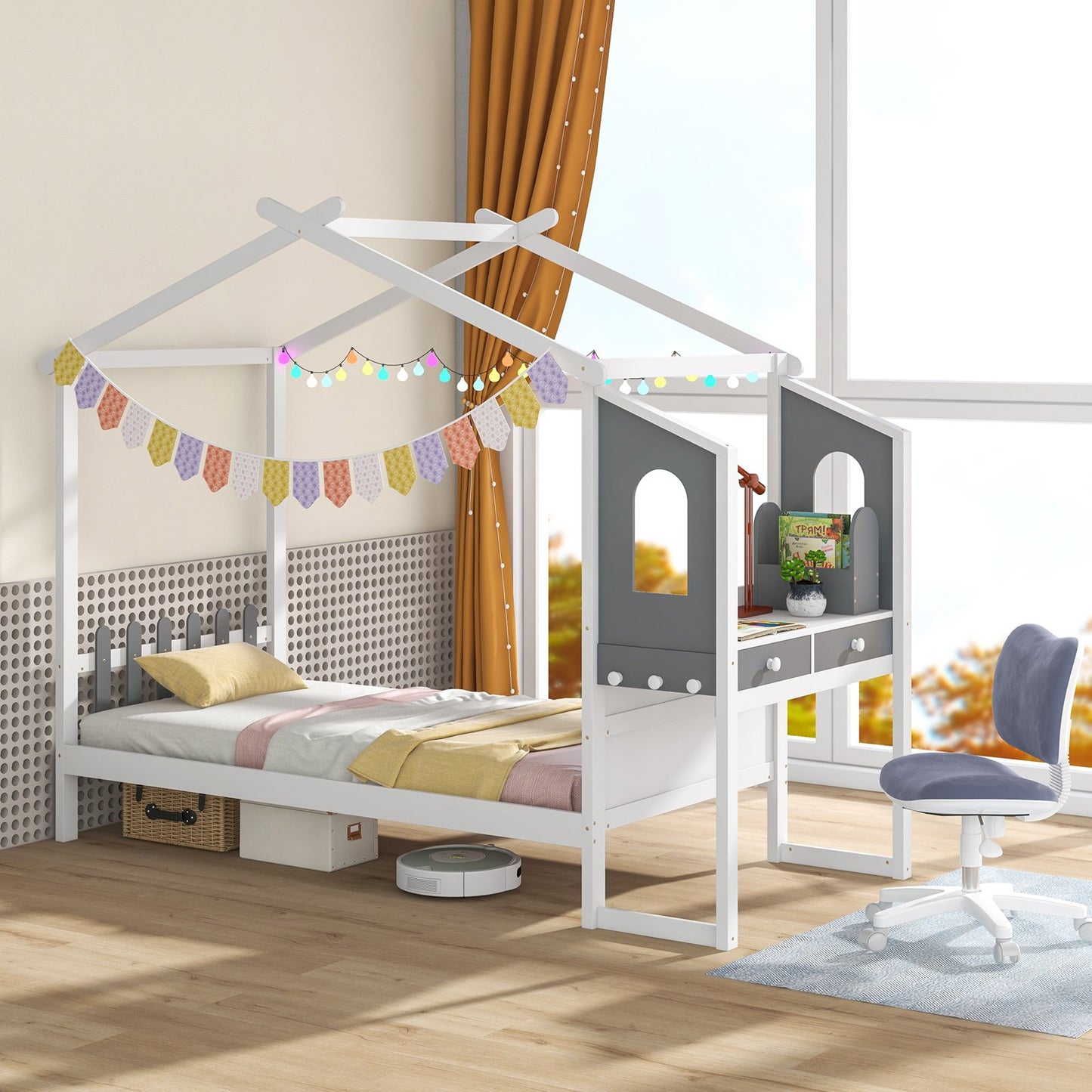 Twin/Full Bed Frame with House Roof Canopy and Fence for Kids-Full Size Kids Crystal