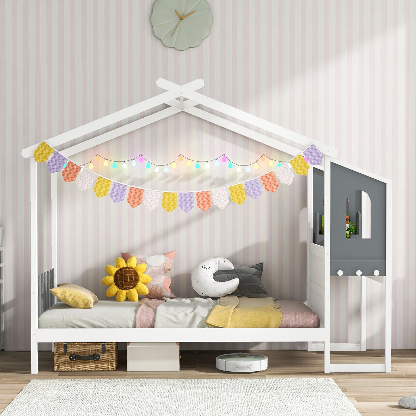 Twin/Full Bed Frame with House Roof Canopy and Fence for Kids-Full Size Kids Crystal