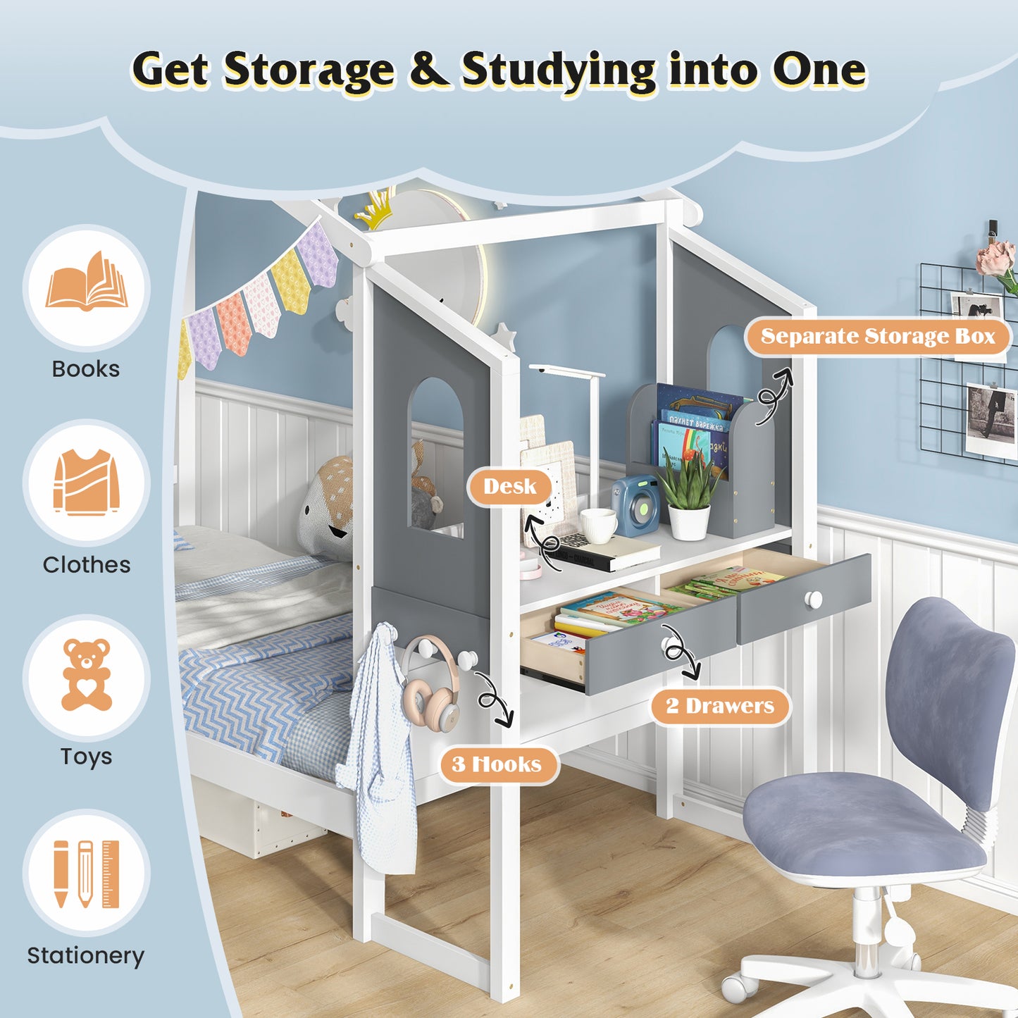 Twin/Full Bed Frame with House Roof Canopy and Fence for Kids-Full Size Kids Crystal