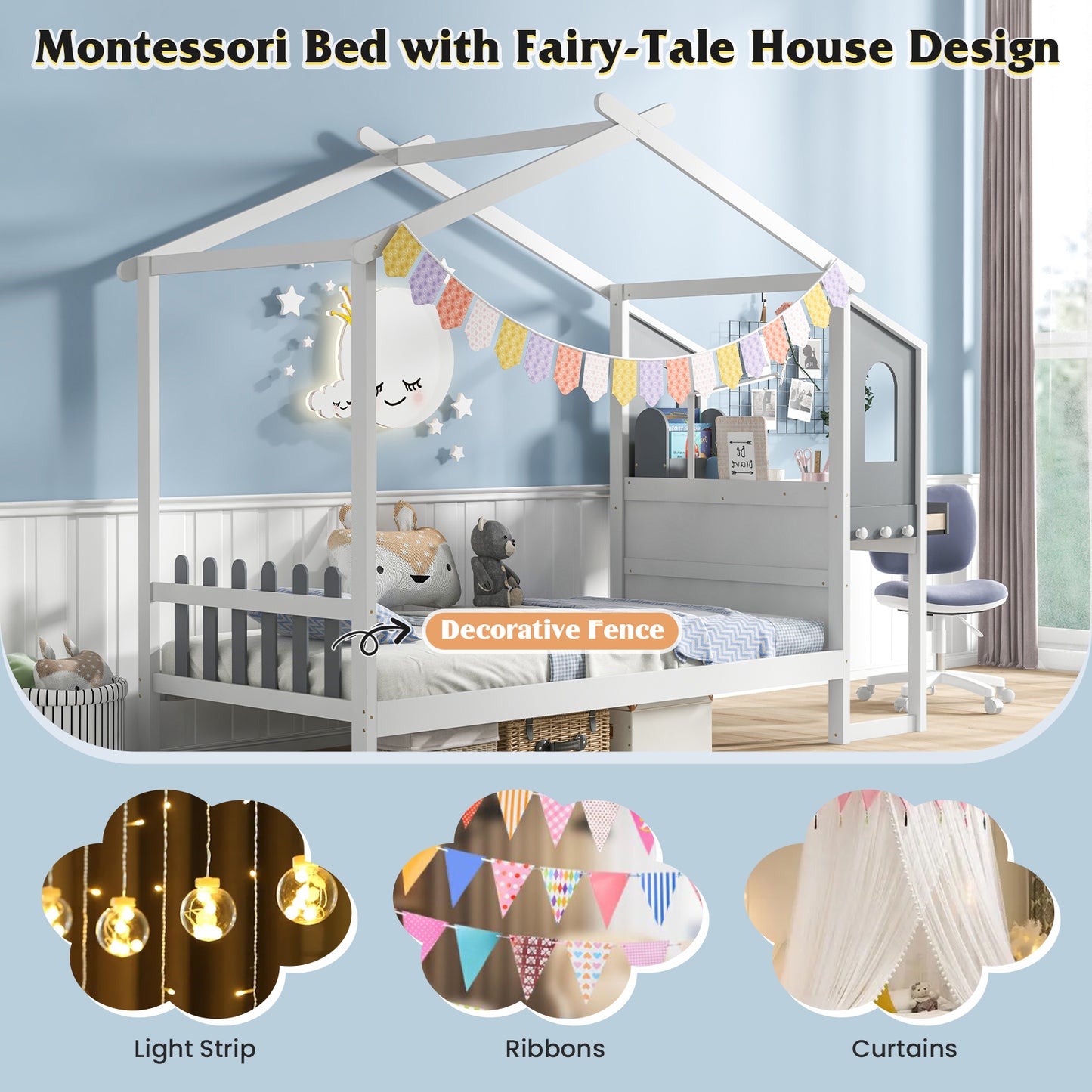 Twin/Full Bed Frame with House Roof Canopy and Fence for Kids-Full Size Kids Crystal