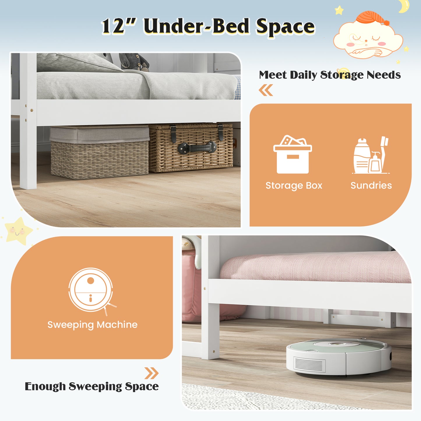 Twin/Full Bed Frame with House Roof Canopy and Fence for Kids-Full Size Kids Crystal