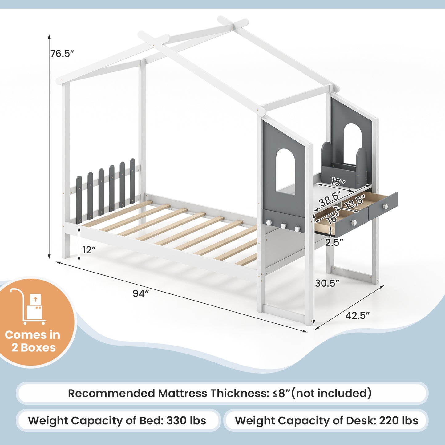 Twin/Full Bed Frame with House Roof Canopy and Fence for Kids-Full Size Kids Crystal