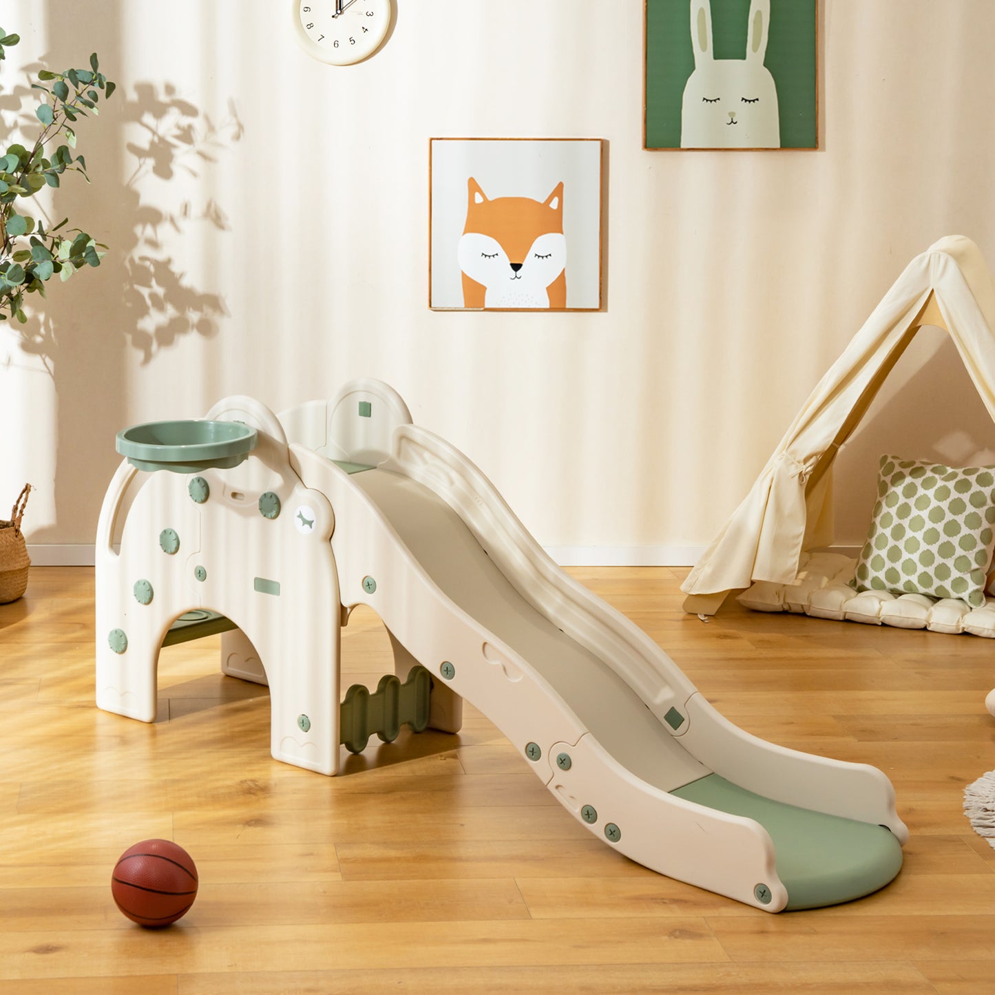 4-in-1 Toddler Slide Kids Play Slide with Cute Elephant Shape-Green Kids Crystal
