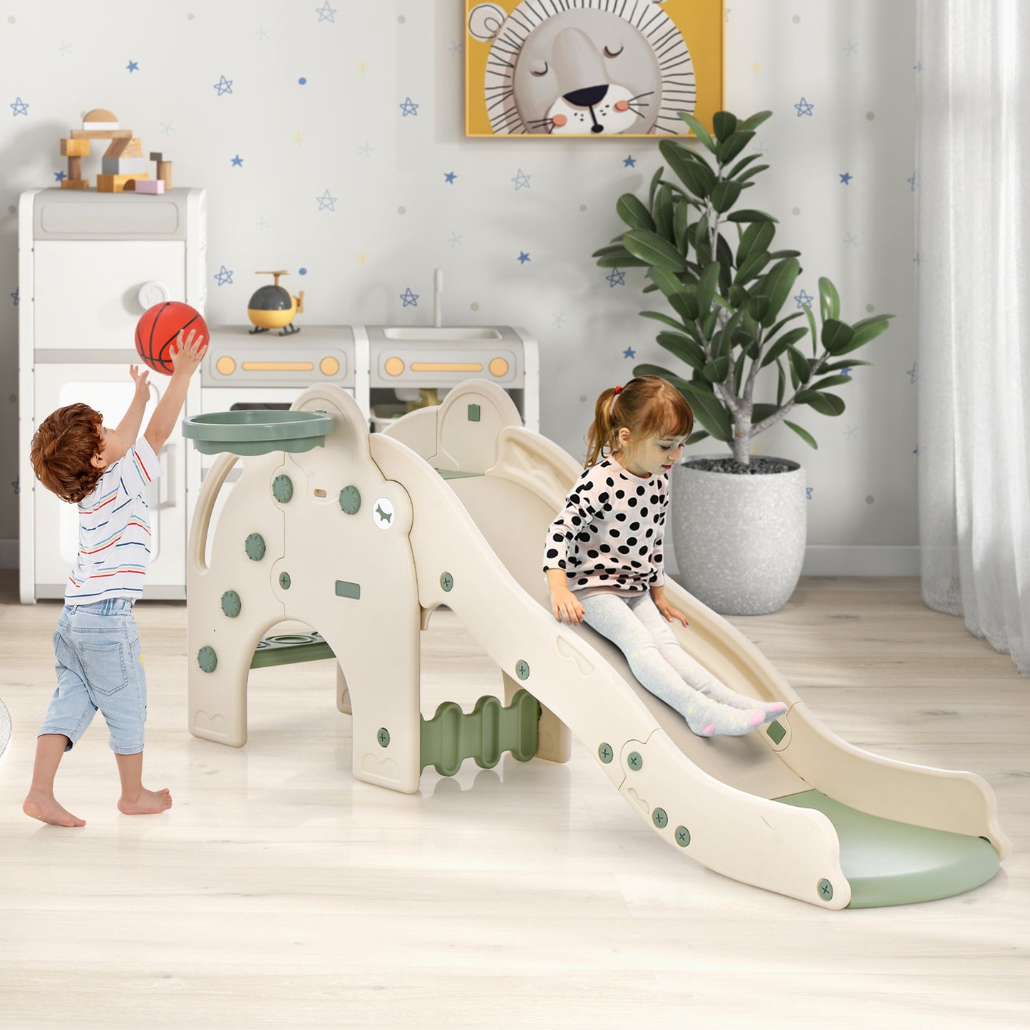 4-in-1 Toddler Slide Kids Play Slide with Cute Elephant Shape-Green Kids Crystal