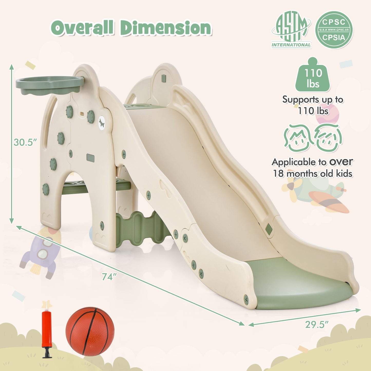 4-in-1 Toddler Slide Kids Play Slide with Cute Elephant Shape-Green Kids Crystal