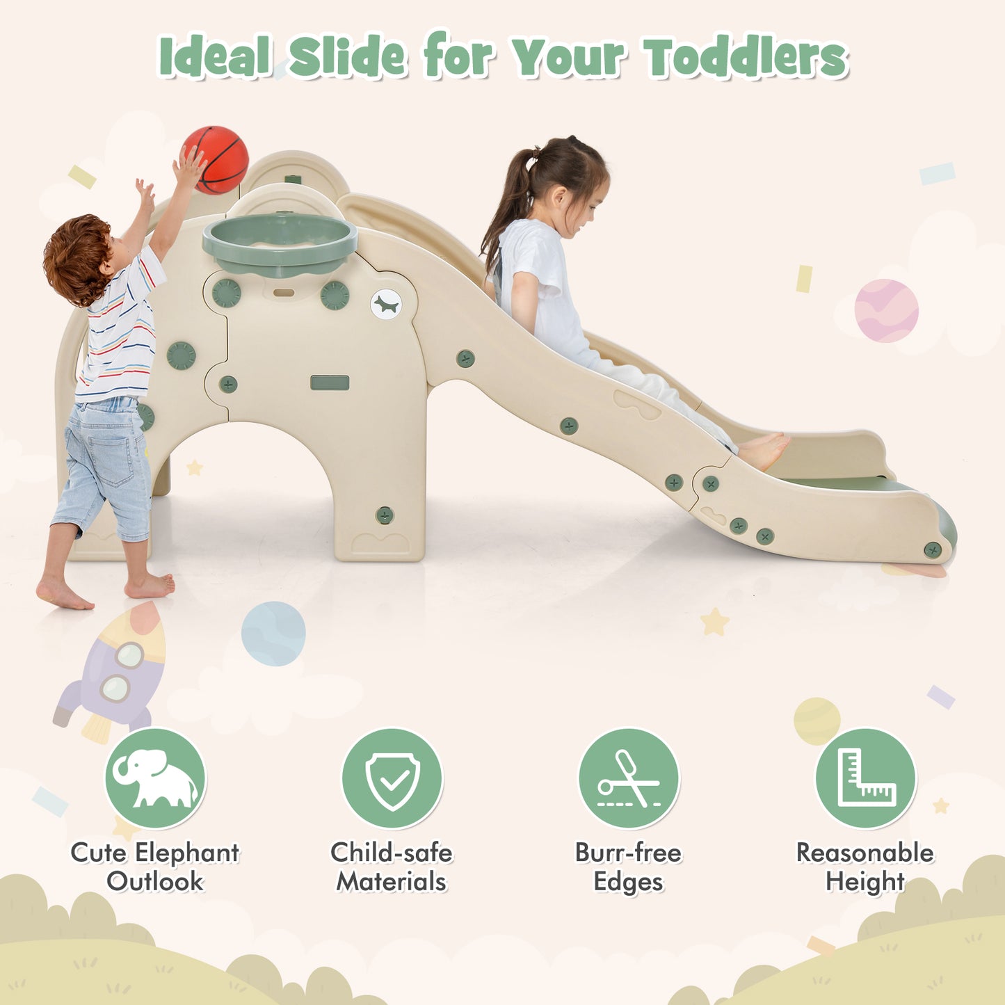 4-in-1 Toddler Slide Kids Play Slide with Cute Elephant Shape-Green Kids Crystal