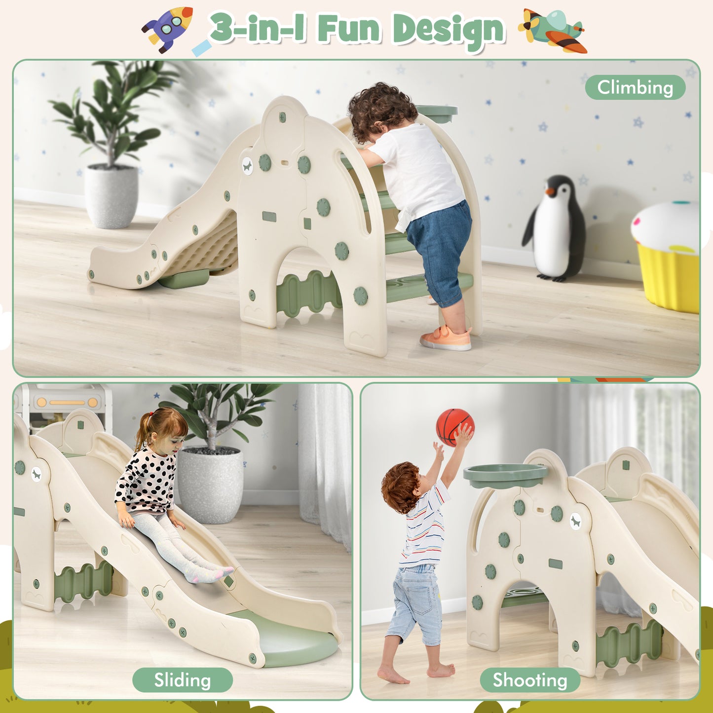 4-in-1 Toddler Slide Kids Play Slide with Cute Elephant Shape-Green Kids Crystal