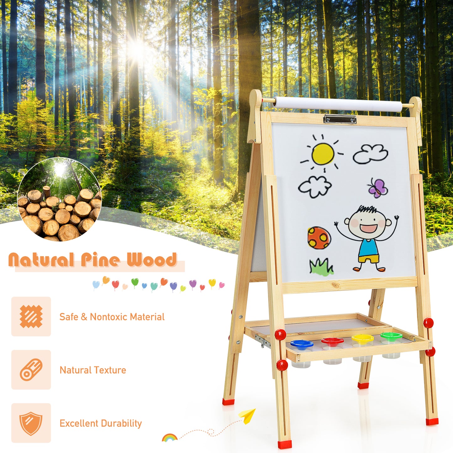 Kids Art Easel with Paper Roll Double-Sided Regulable Drawing Easel Plank Kids Crystal