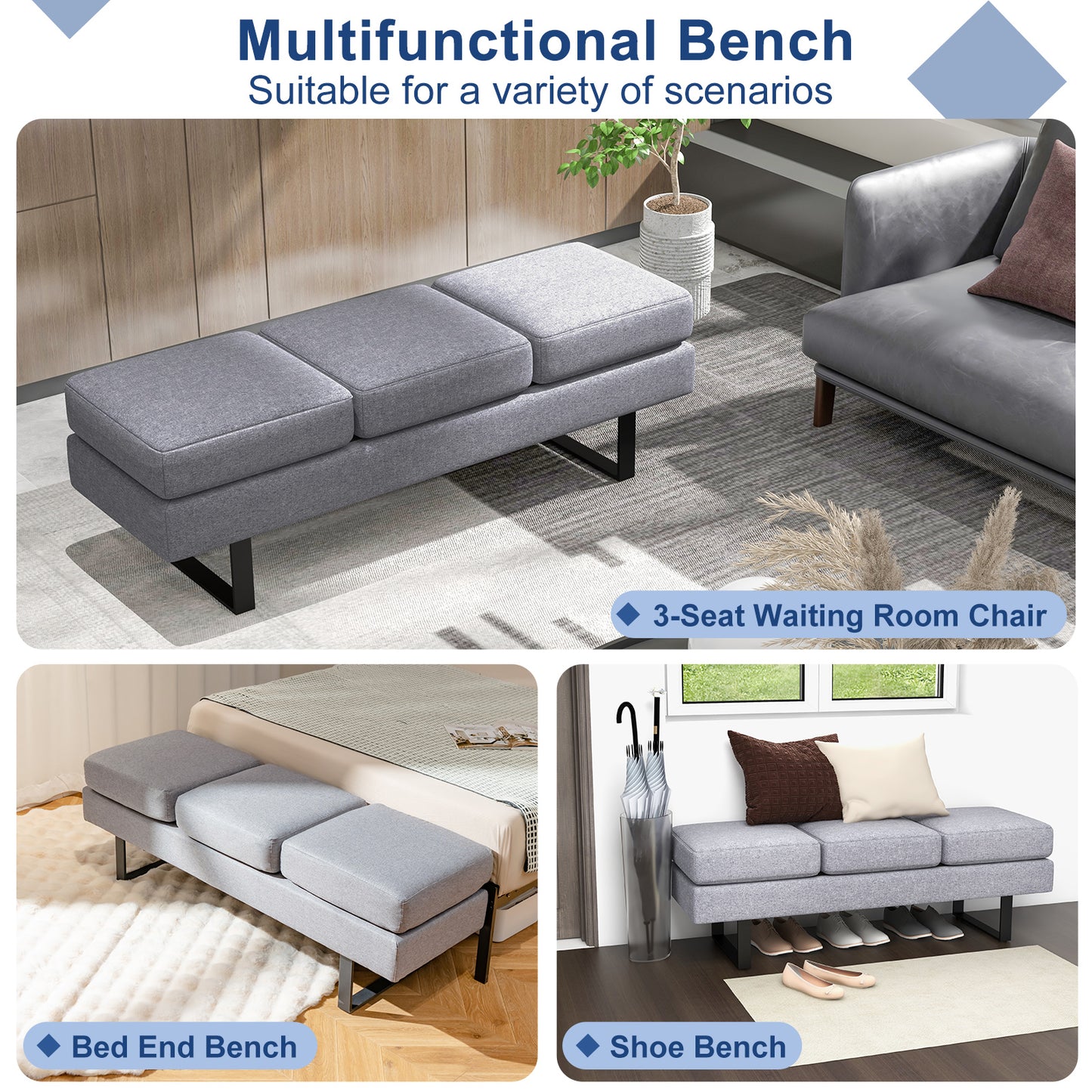 Waiting Room Bench Seating Long Bench with Metal Frame Leg-Gray Kids Crystal