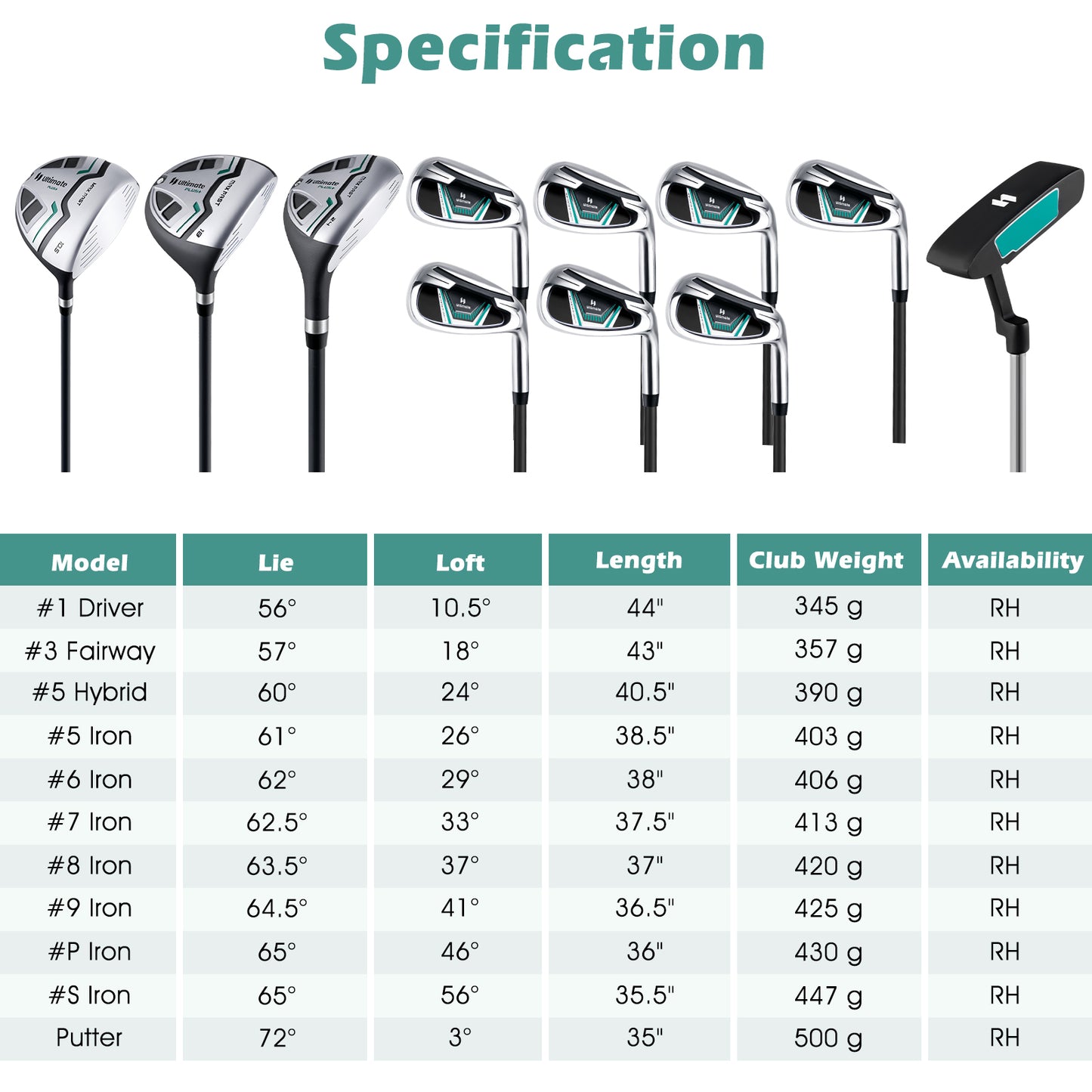 11 Pieces Complete Golf Club Package Set-Green Kids Crystal
