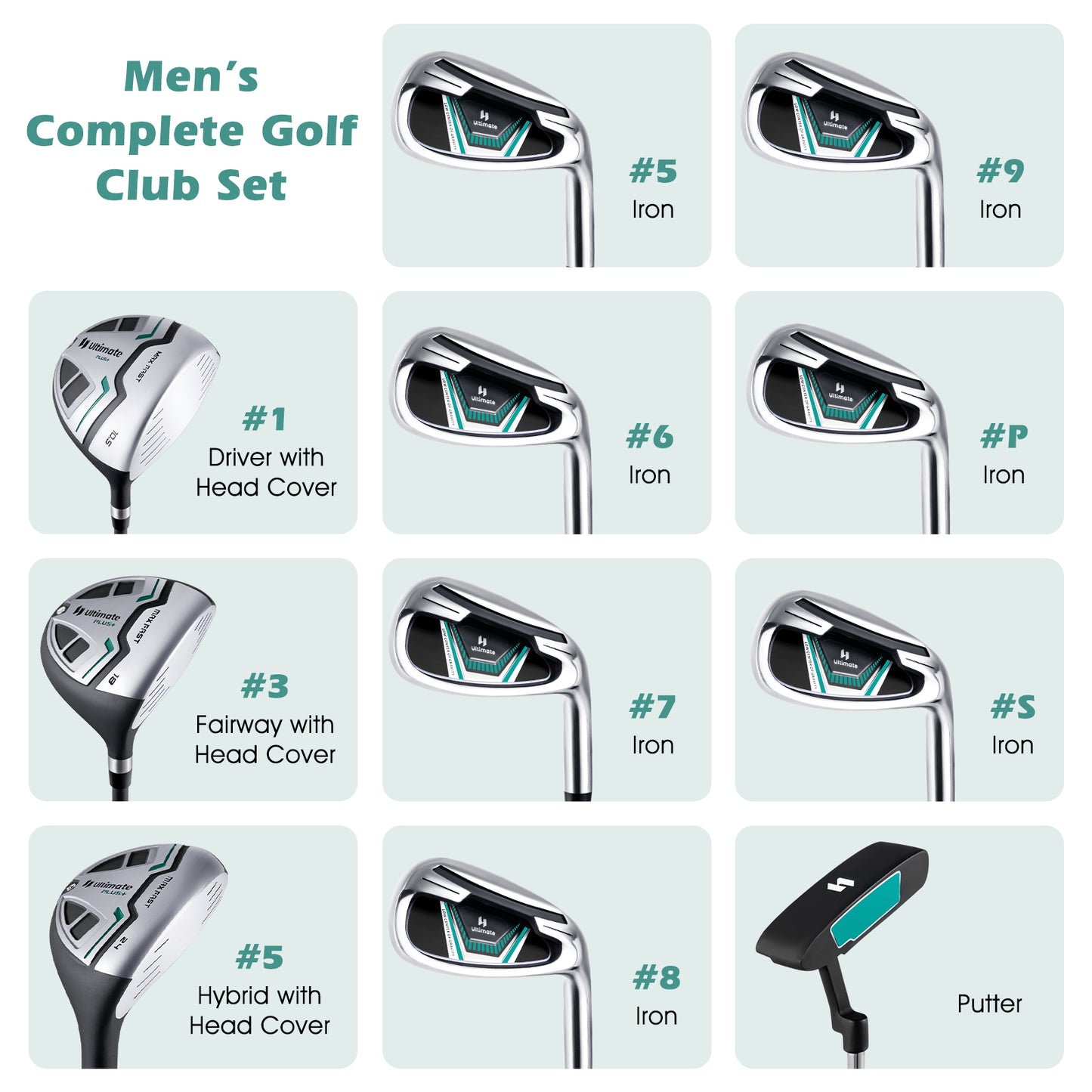 11 Pieces Complete Golf Club Package Set-Green Kids Crystal