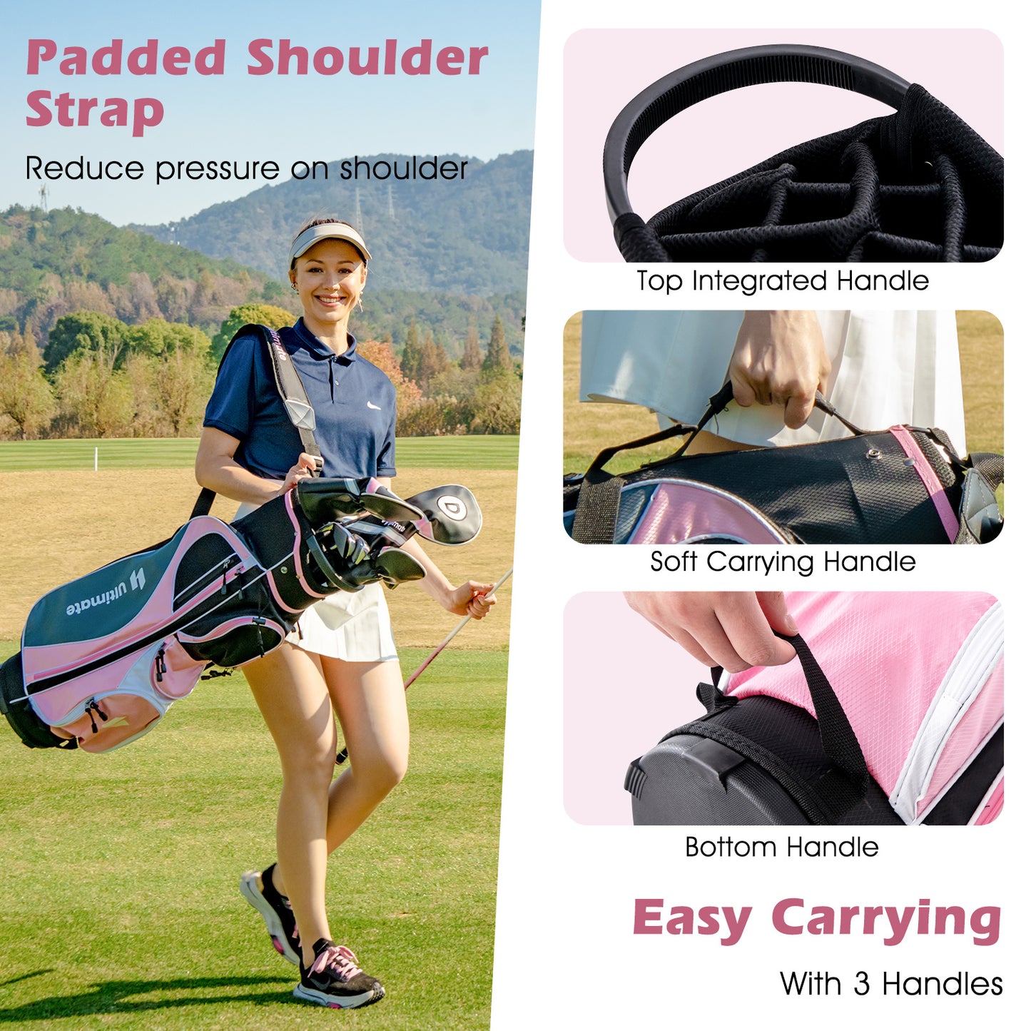 Women's Complete Golf Club Set Right Hand with Rain Hood-Pink Kids Crystal