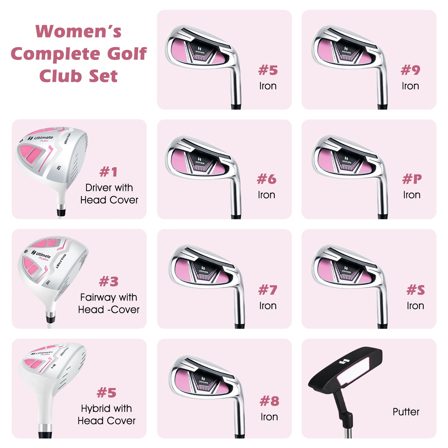 Women's Complete Golf Club Set Right Hand with Rain Hood-Pink Kids Crystal