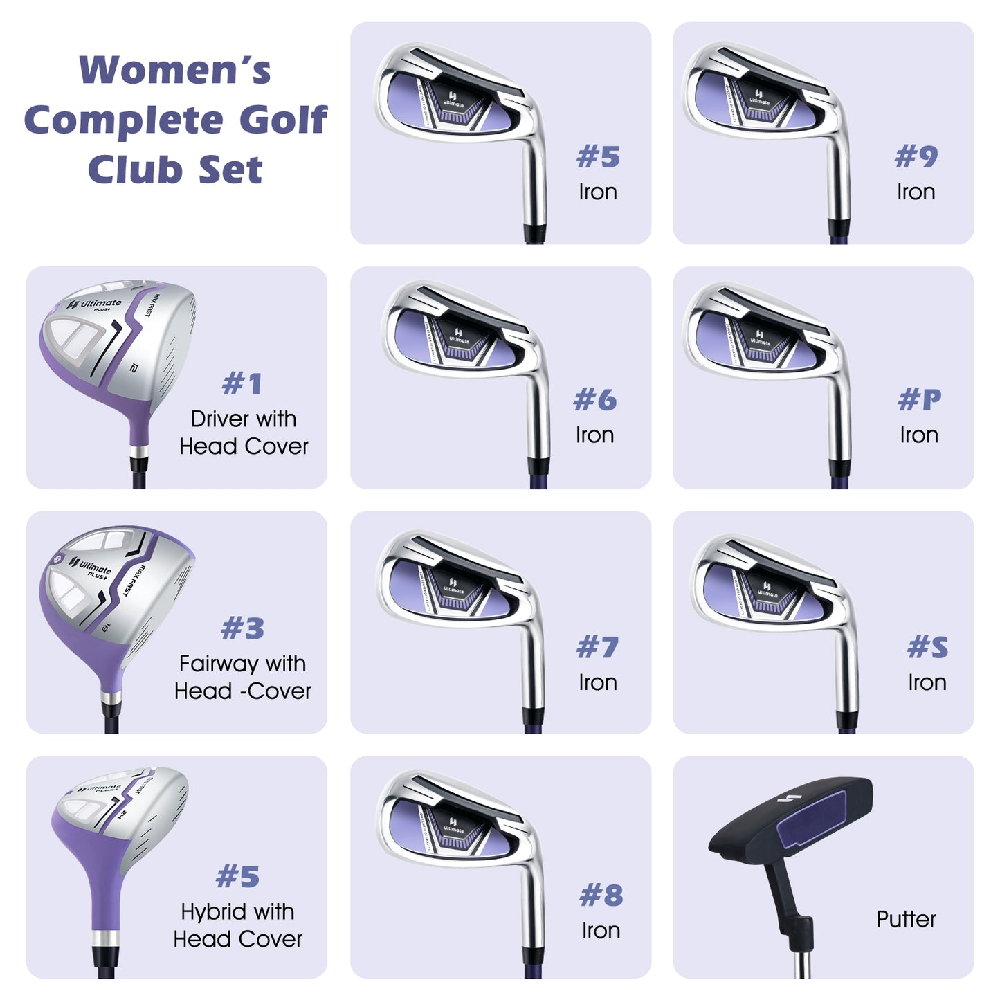 Women's Complete Golf Club Set Right Hand with Rain Hood-Purple Kids Crystal