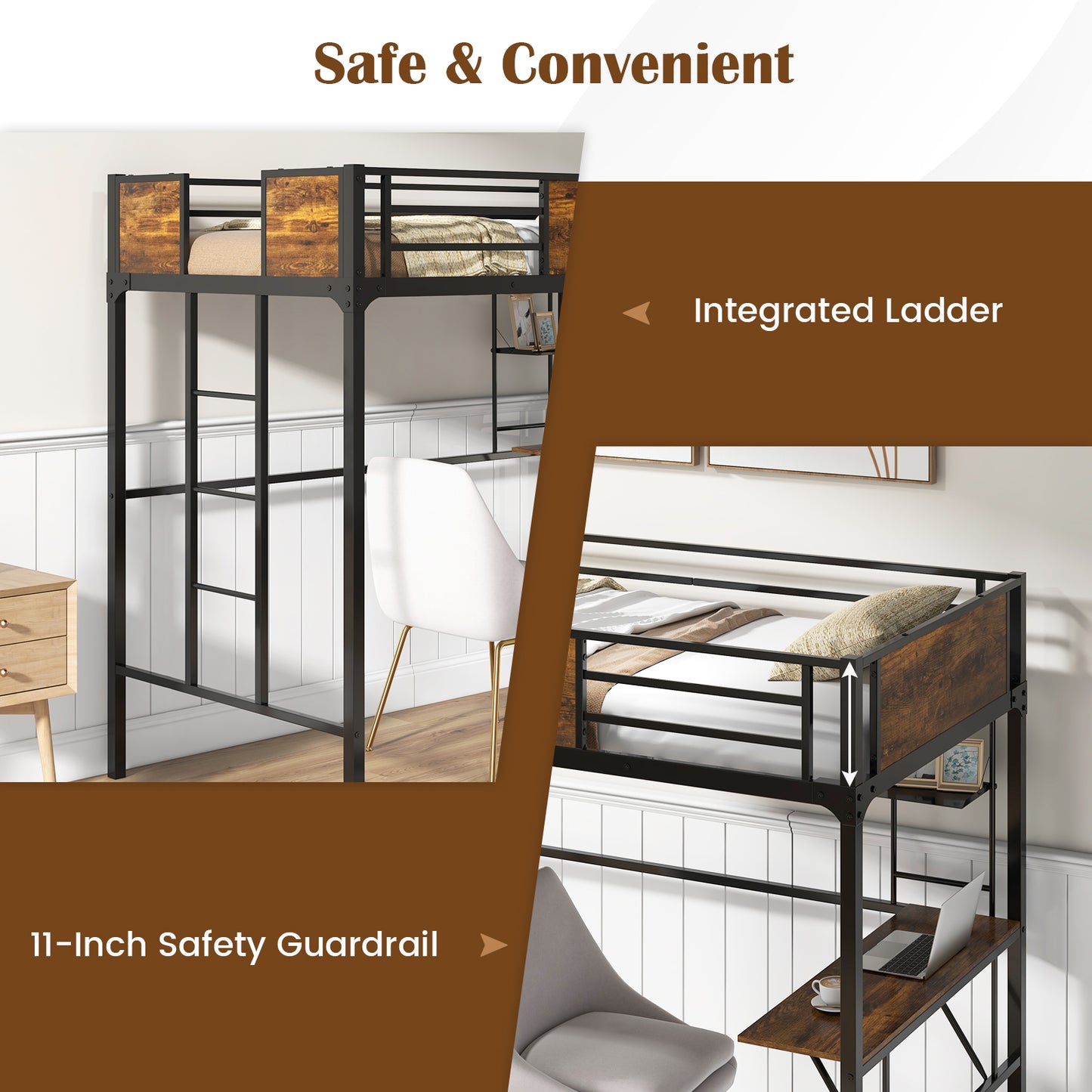 Twin Size Metal Loft Bed with Desk Storage Shelf and Build-in Ladder-Twin Size Kids Crystal