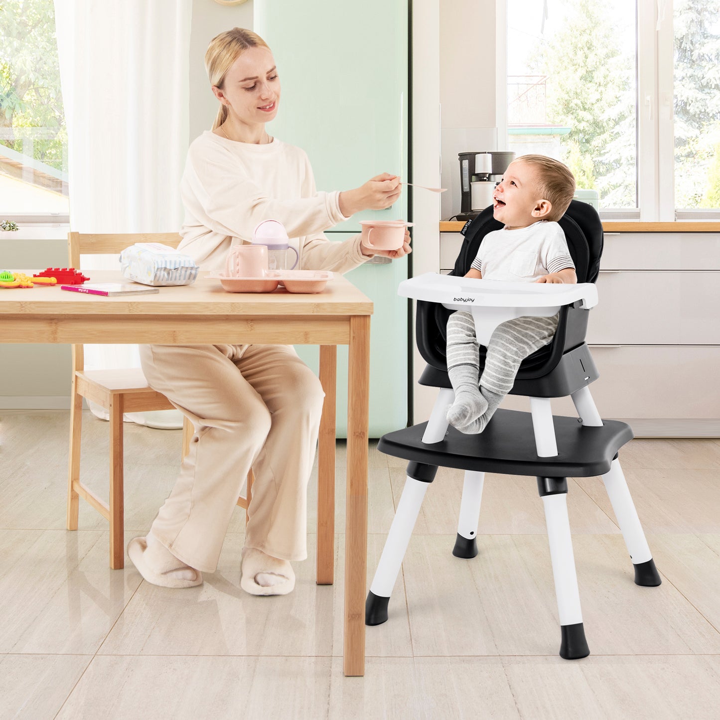 6-in-1 Convertible Baby High Chair with Adjustable Removable Tray-Black Kids Crystal
