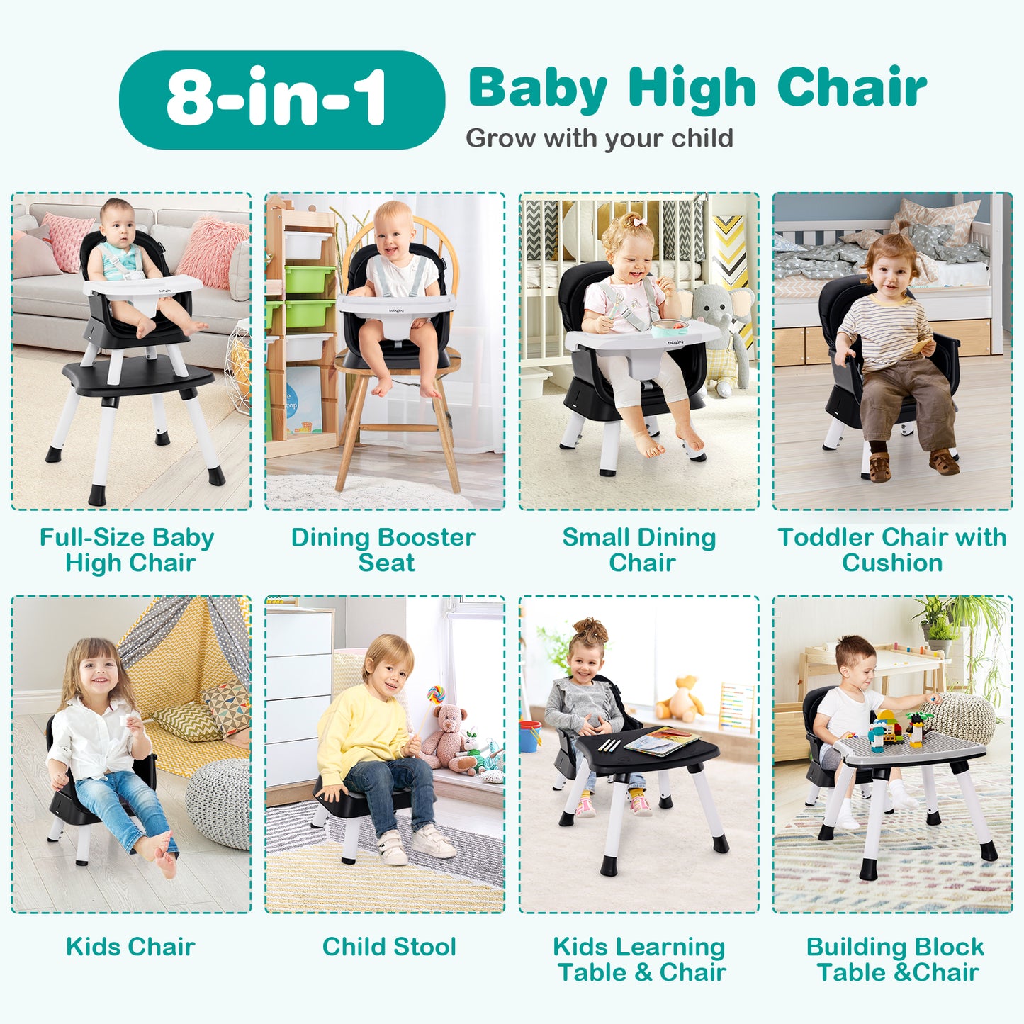 6-in-1 Convertible Baby High Chair with Adjustable Removable Tray-Black Kids Crystal