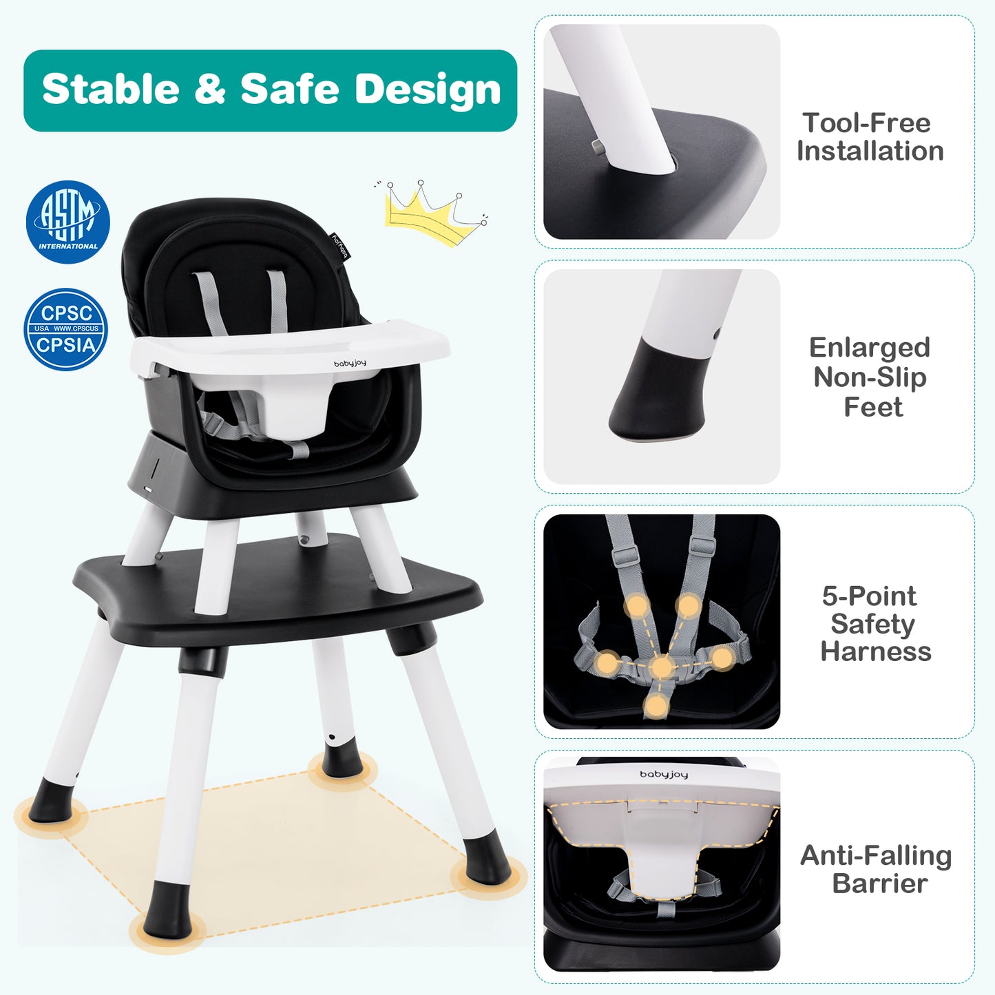 6-in-1 Convertible Baby High Chair with Adjustable Removable Tray-Black Kids Crystal