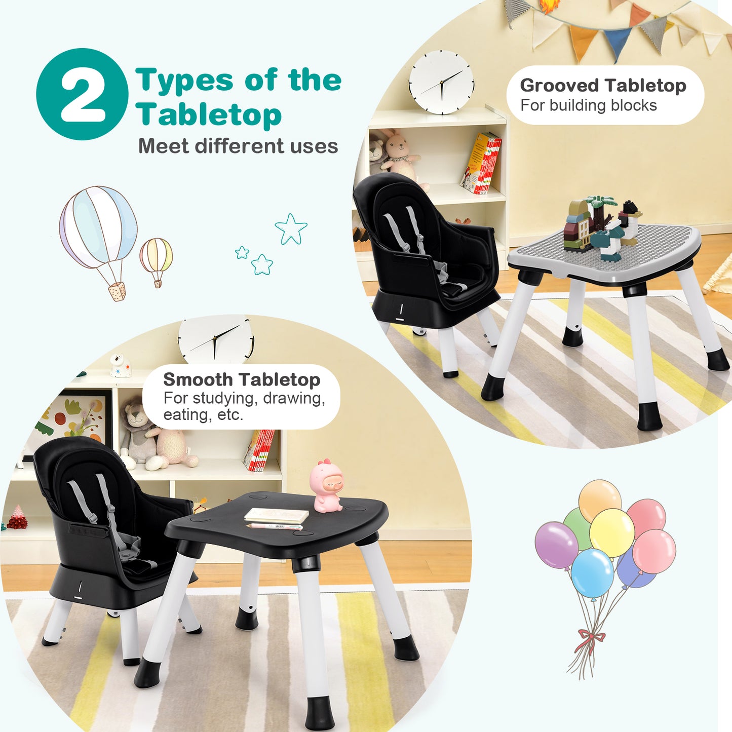 6-in-1 Convertible Baby High Chair with Adjustable Removable Tray-Black Kids Crystal