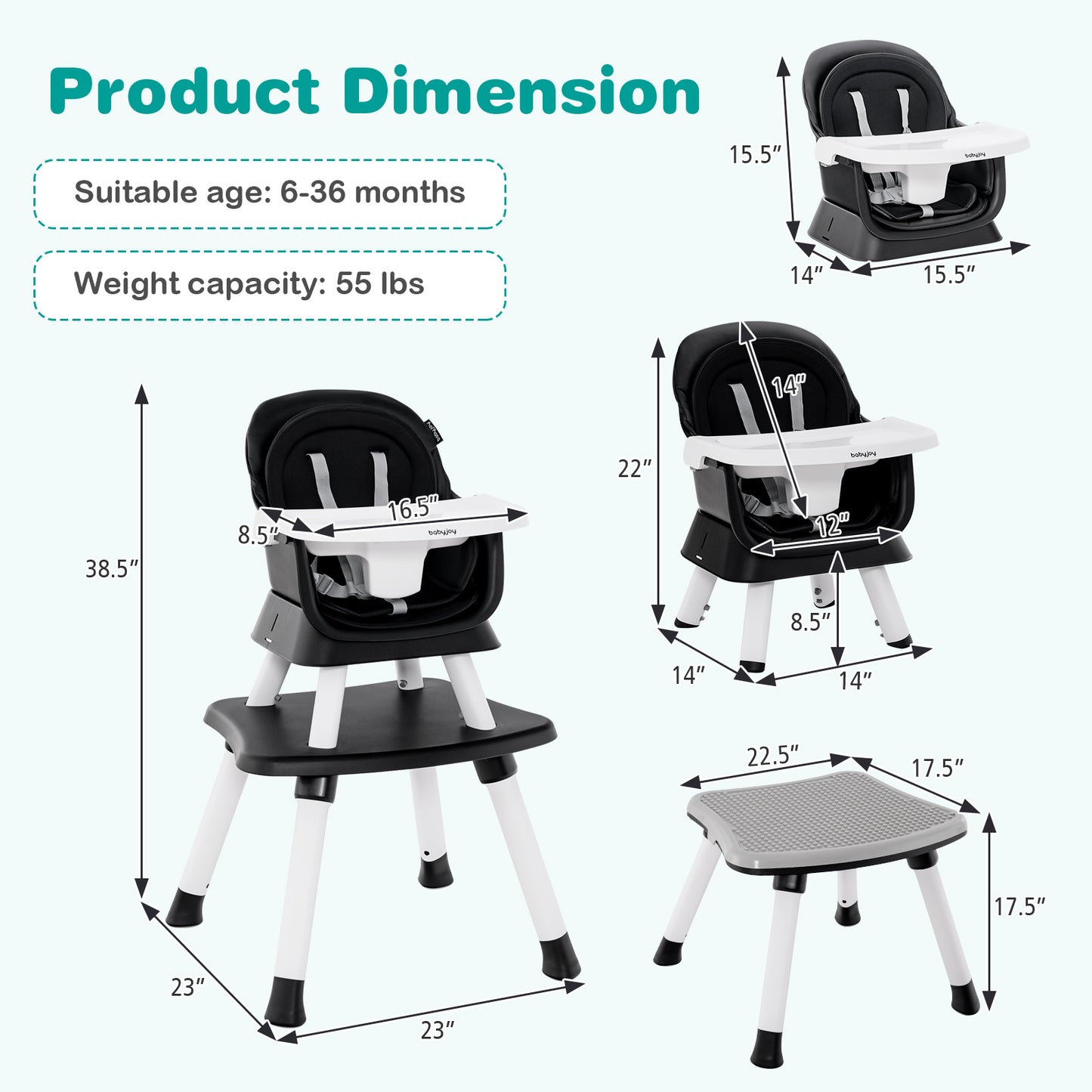 6-in-1 Convertible Baby High Chair with Adjustable Removable Tray-Black Kids Crystal