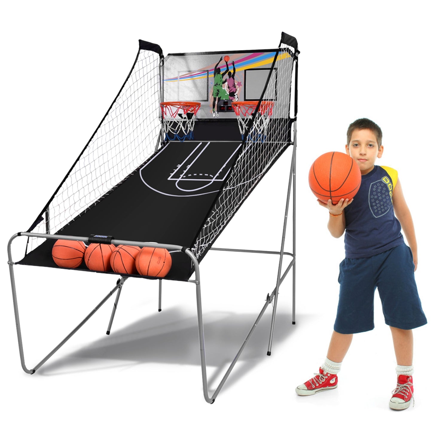Foldable Double Electronic Basketball Game with 4 Balls Indoor Kids Crystal