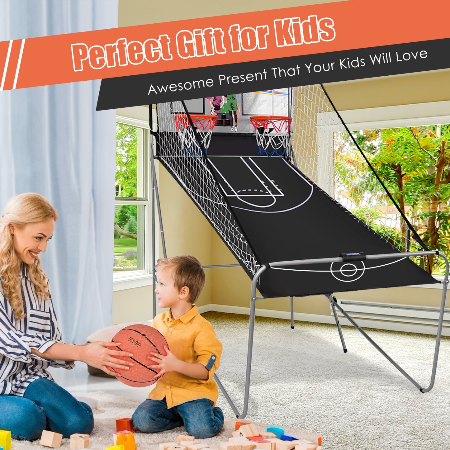 Foldable Double Electronic Basketball Game with 4 Balls Indoor Kids Crystal