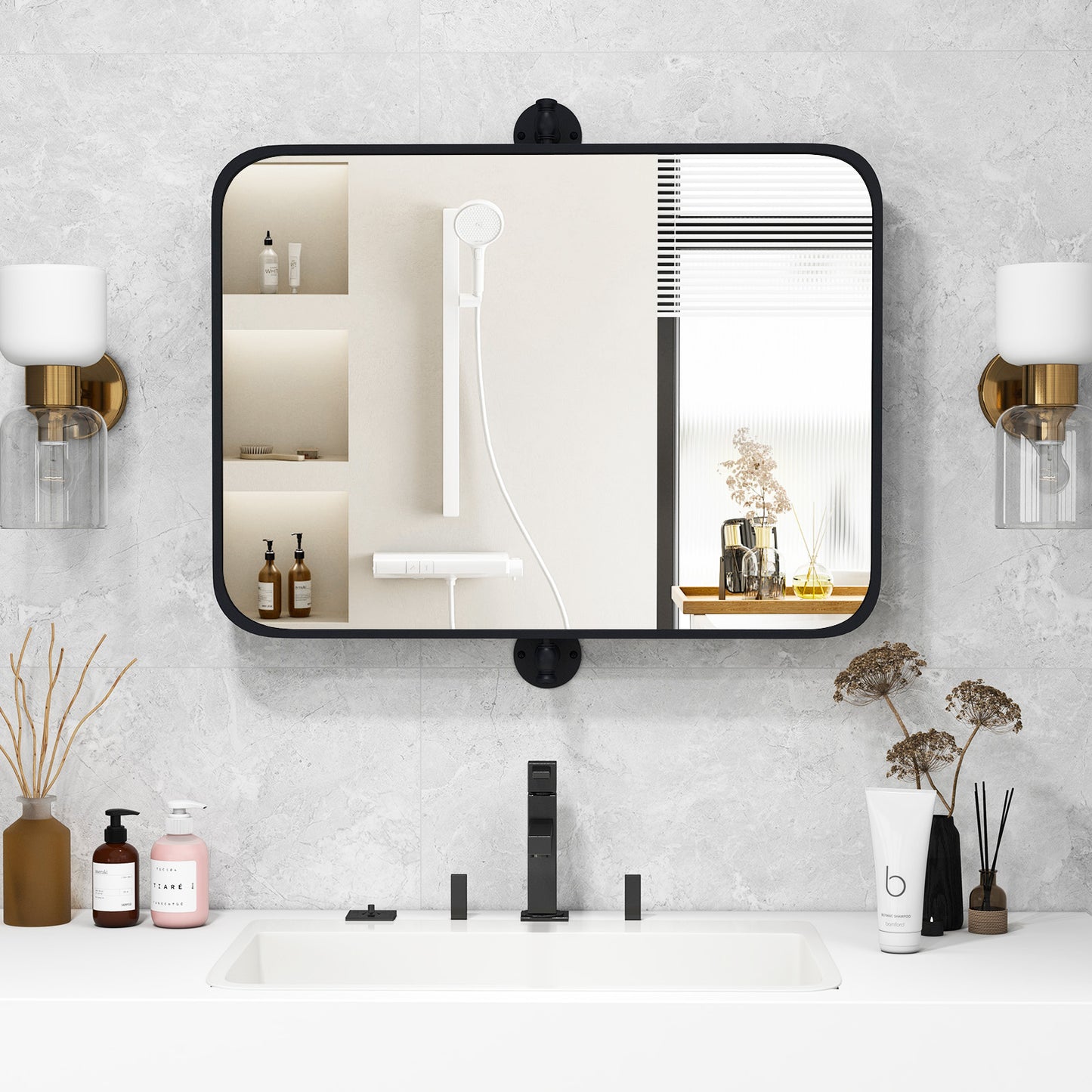 30 x 22 Inch Black Metal Framed Pivot Rectangle Wall-Mounted Mirror Kids Crystal
