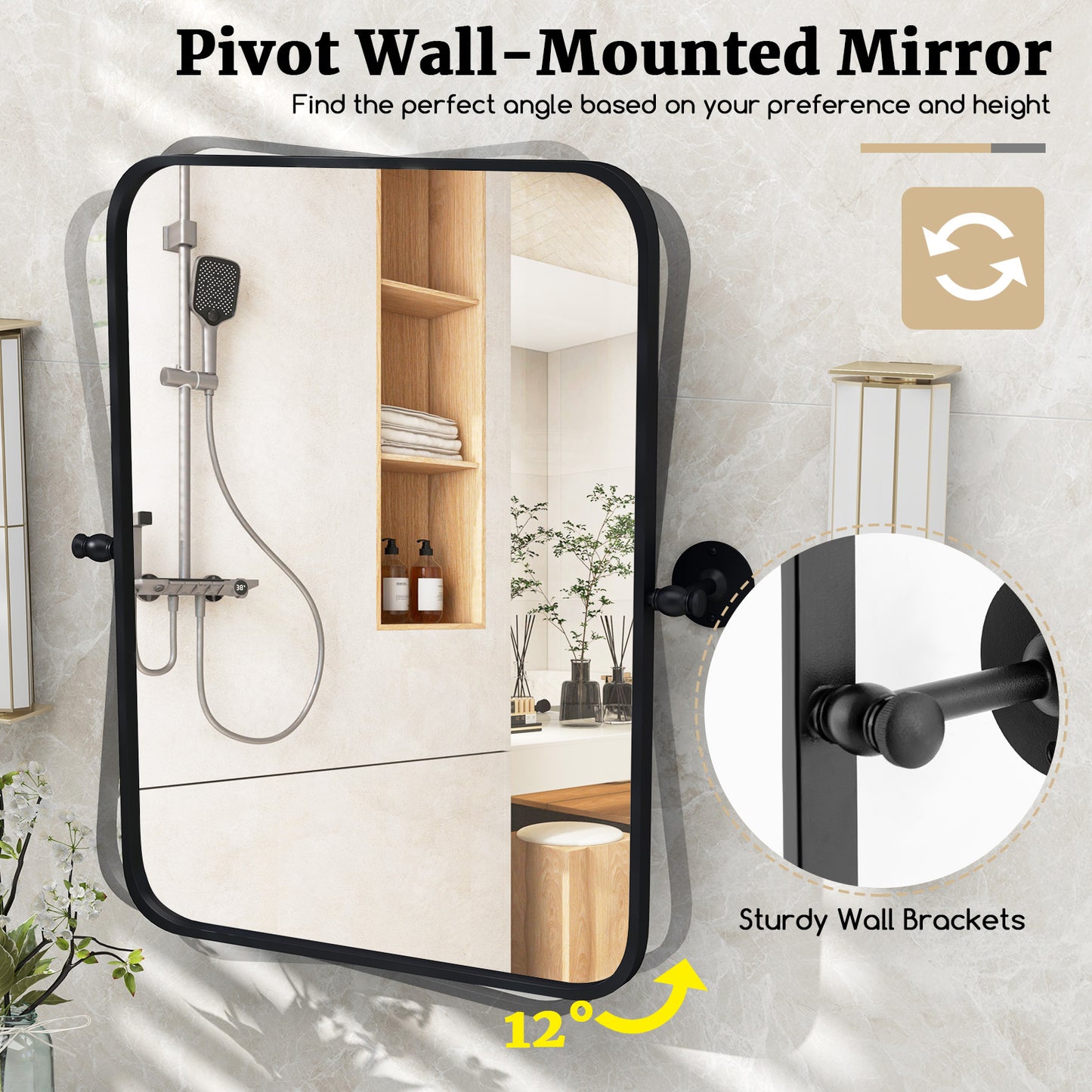 30 x 22 Inch Black Metal Framed Pivot Rectangle Wall-Mounted Mirror Kids Crystal