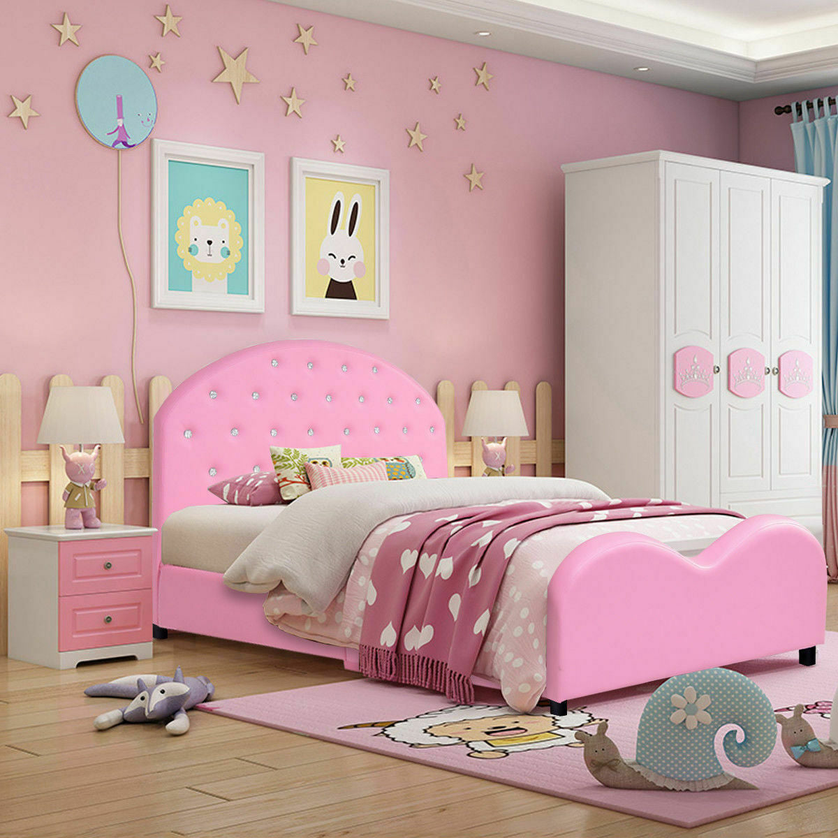 Twin Size Upholstered Platform Toddler Bed with Wood Support Kids Crystal