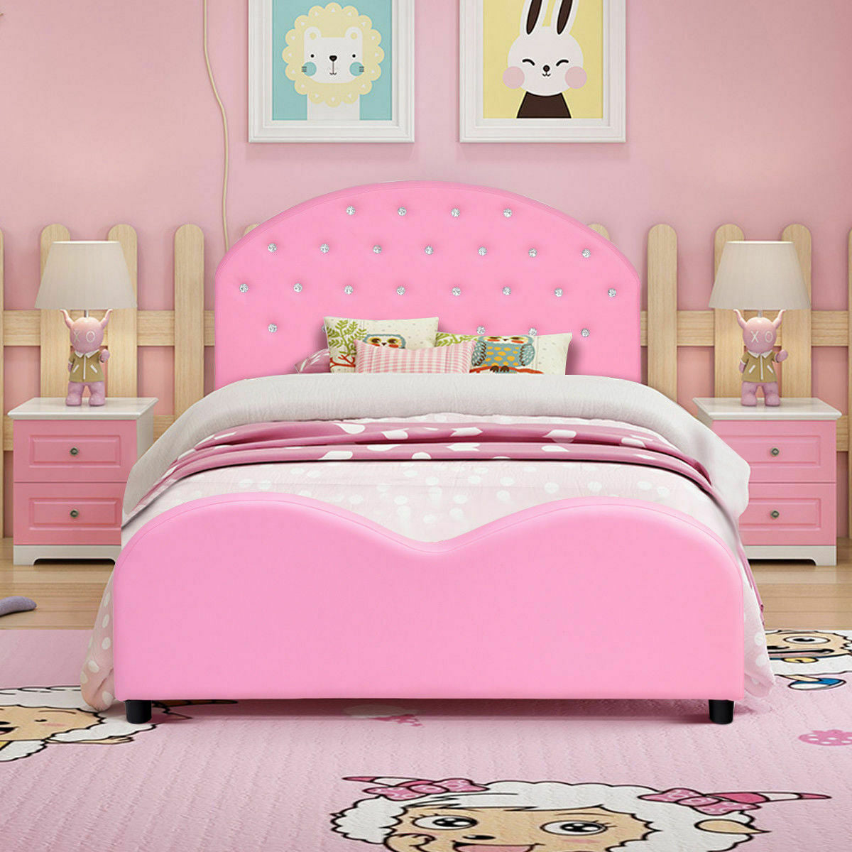 Twin Size Upholstered Platform Toddler Bed with Wood Support Kids Crystal