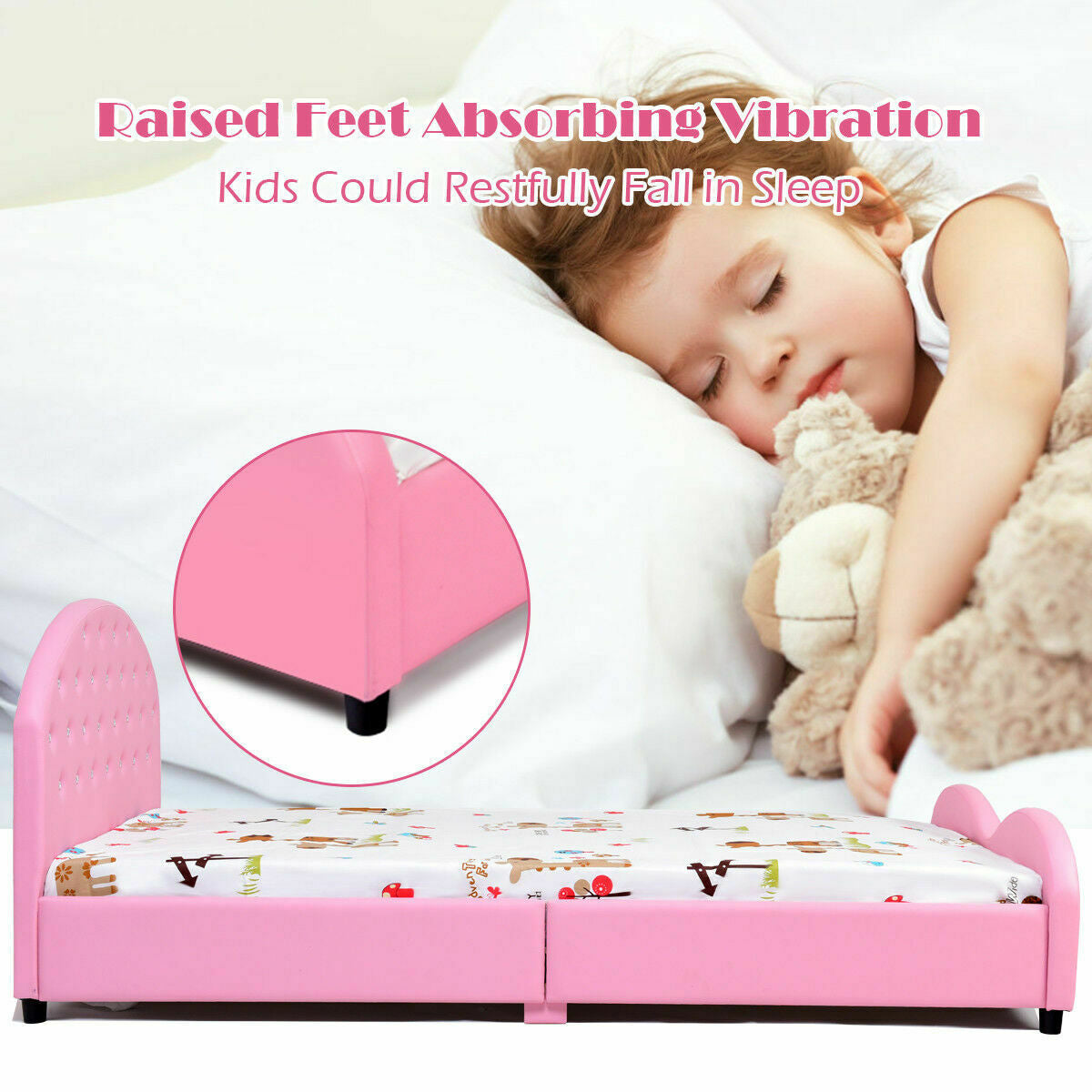 Twin Size Upholstered Platform Toddler Bed with Wood Support Kids Crystal