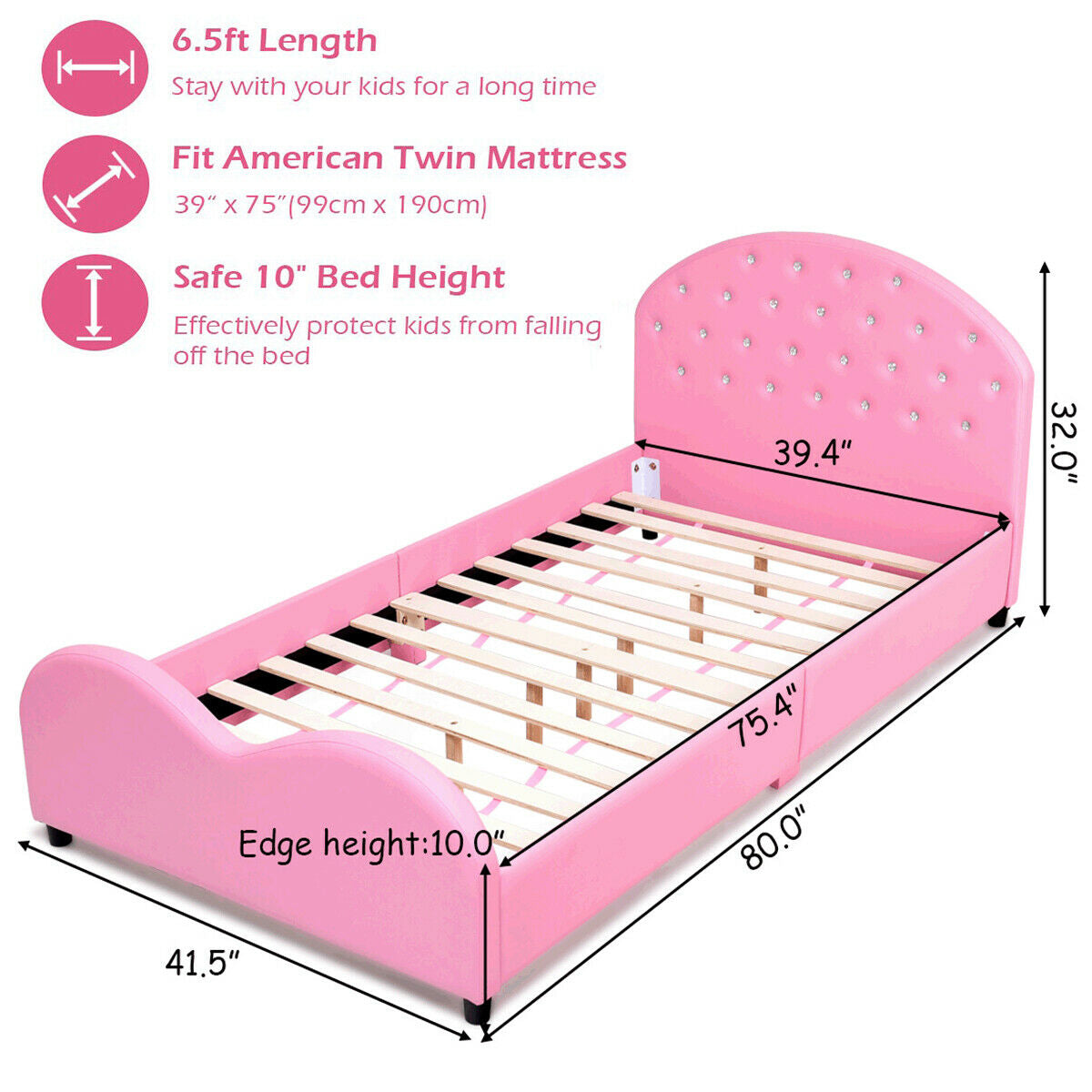 Twin Size Upholstered Platform Toddler Bed with Wood Support Kids Crystal