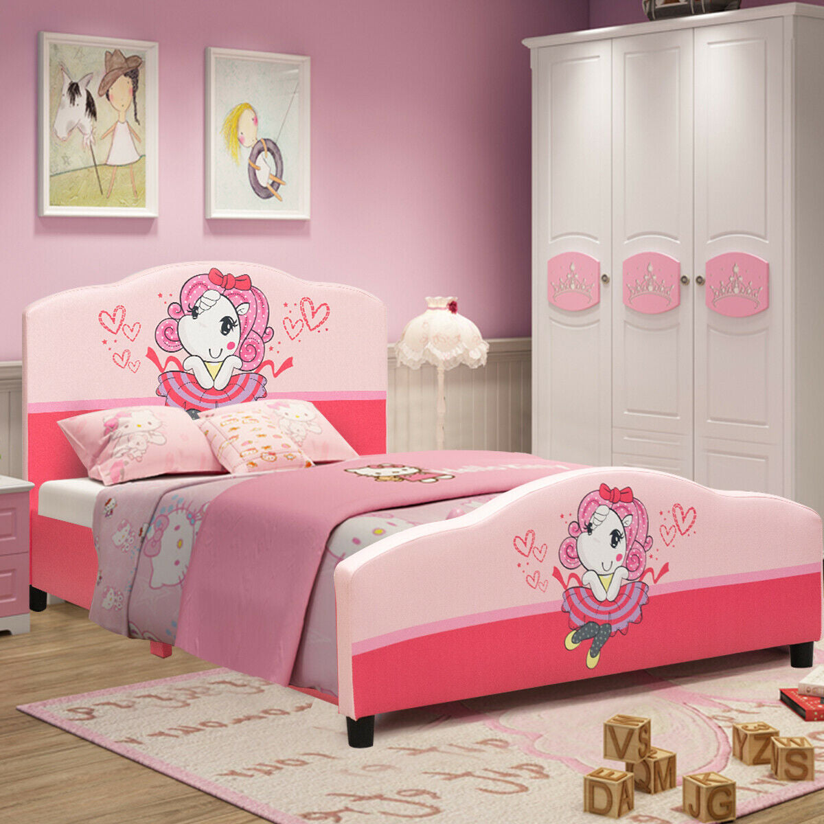 Kids Children Upholstered Platform Toddler Girl Pattern Bed Kids Crystal