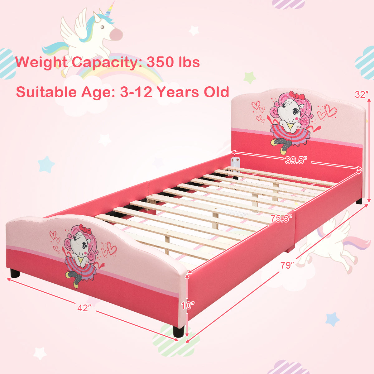 Kids Children Upholstered Platform Toddler Girl Pattern Bed Kids Crystal