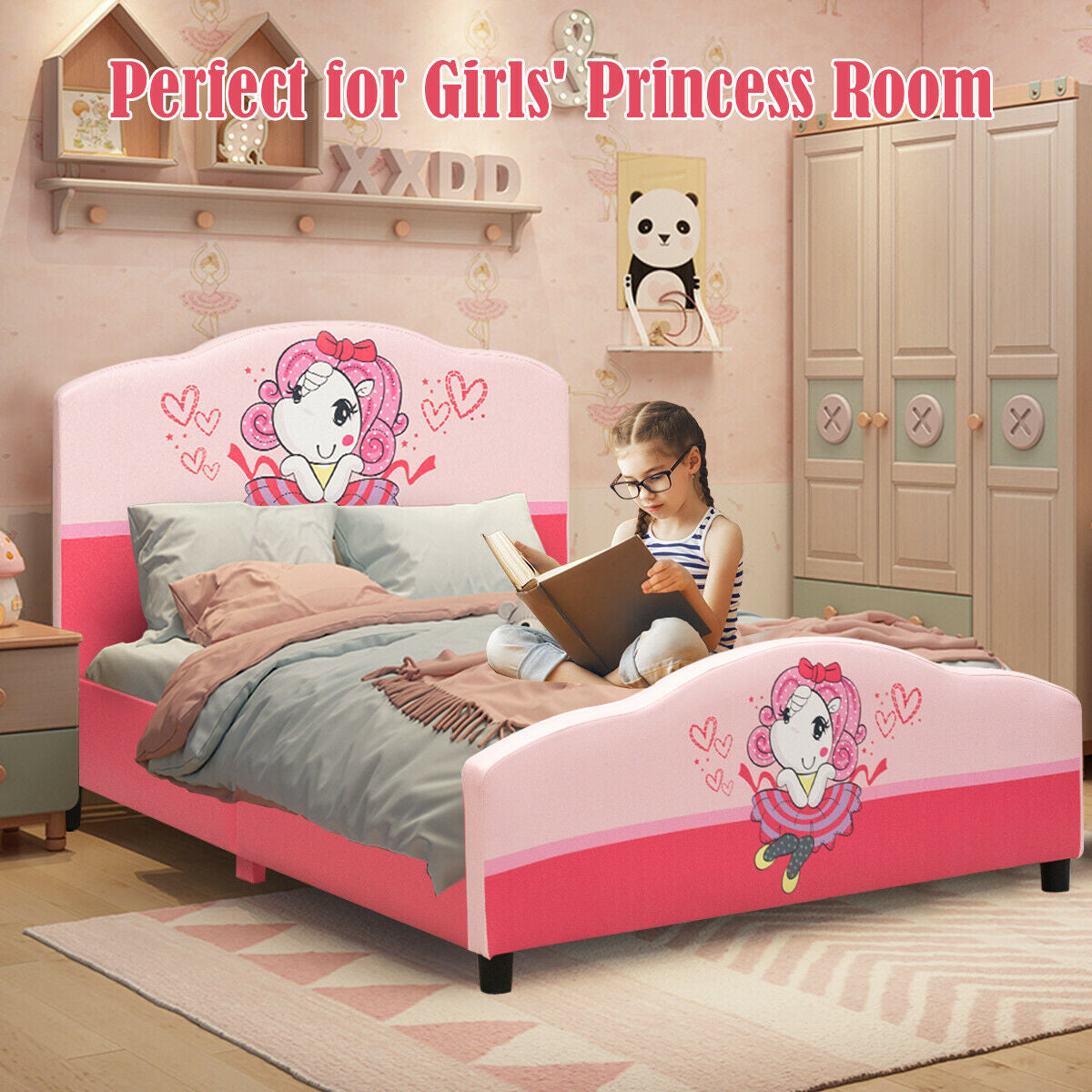 Kids Children Upholstered Platform Toddler Girl Pattern Bed Kids Crystal