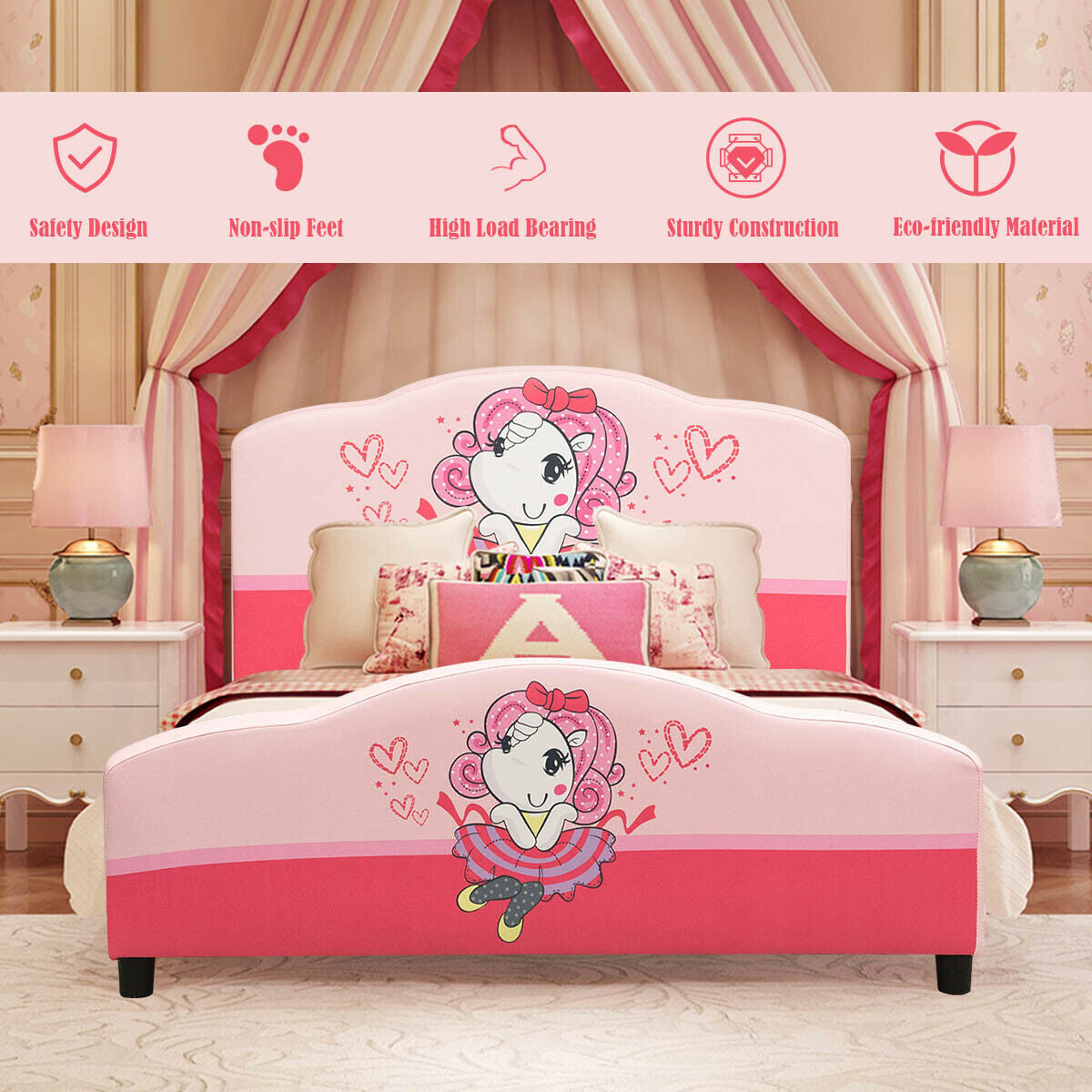 Kids Children Upholstered Platform Toddler Girl Pattern Bed Kids Crystal