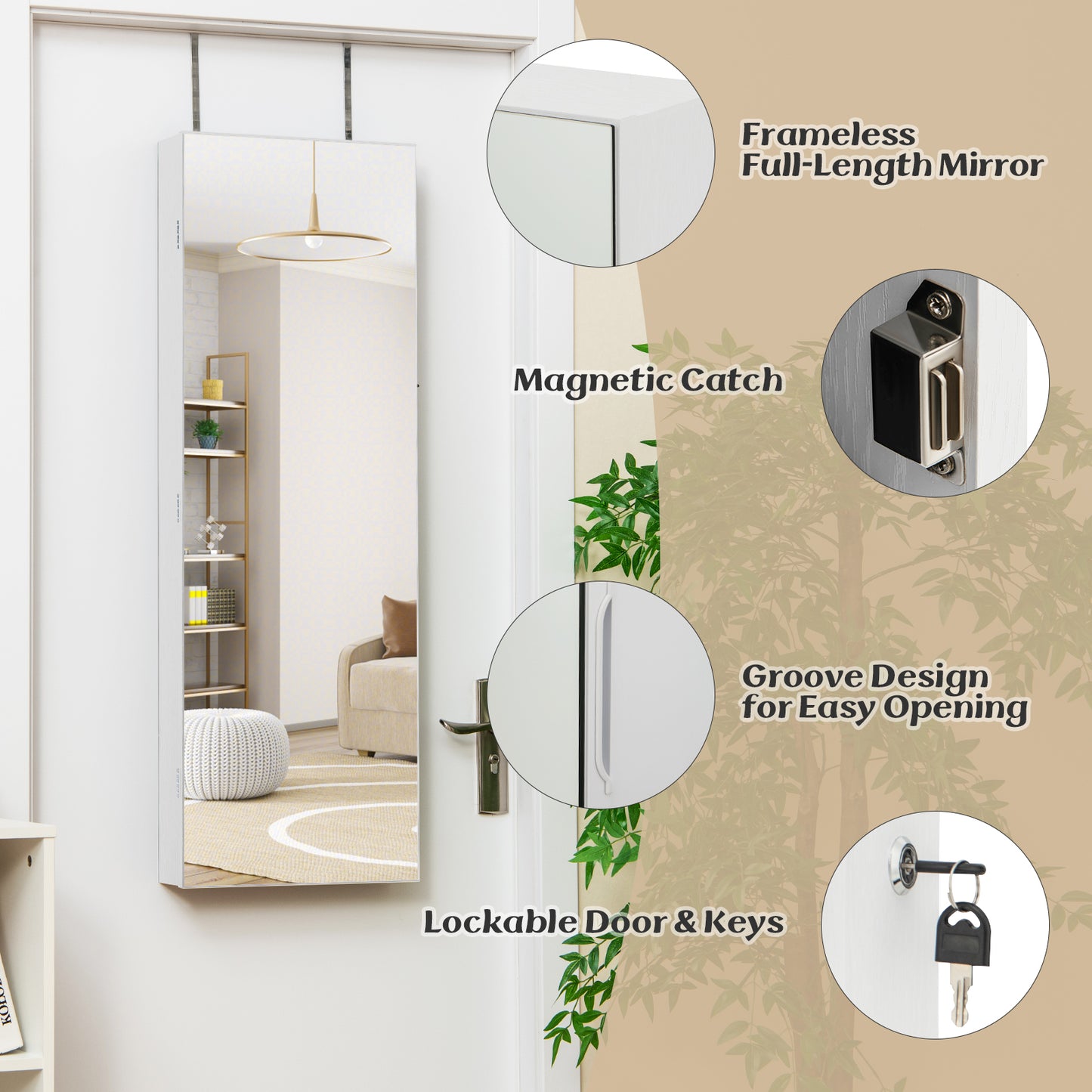 Wall Mounted Jewelry Cabinet with Full-Length Mirror-White Kids Crystal