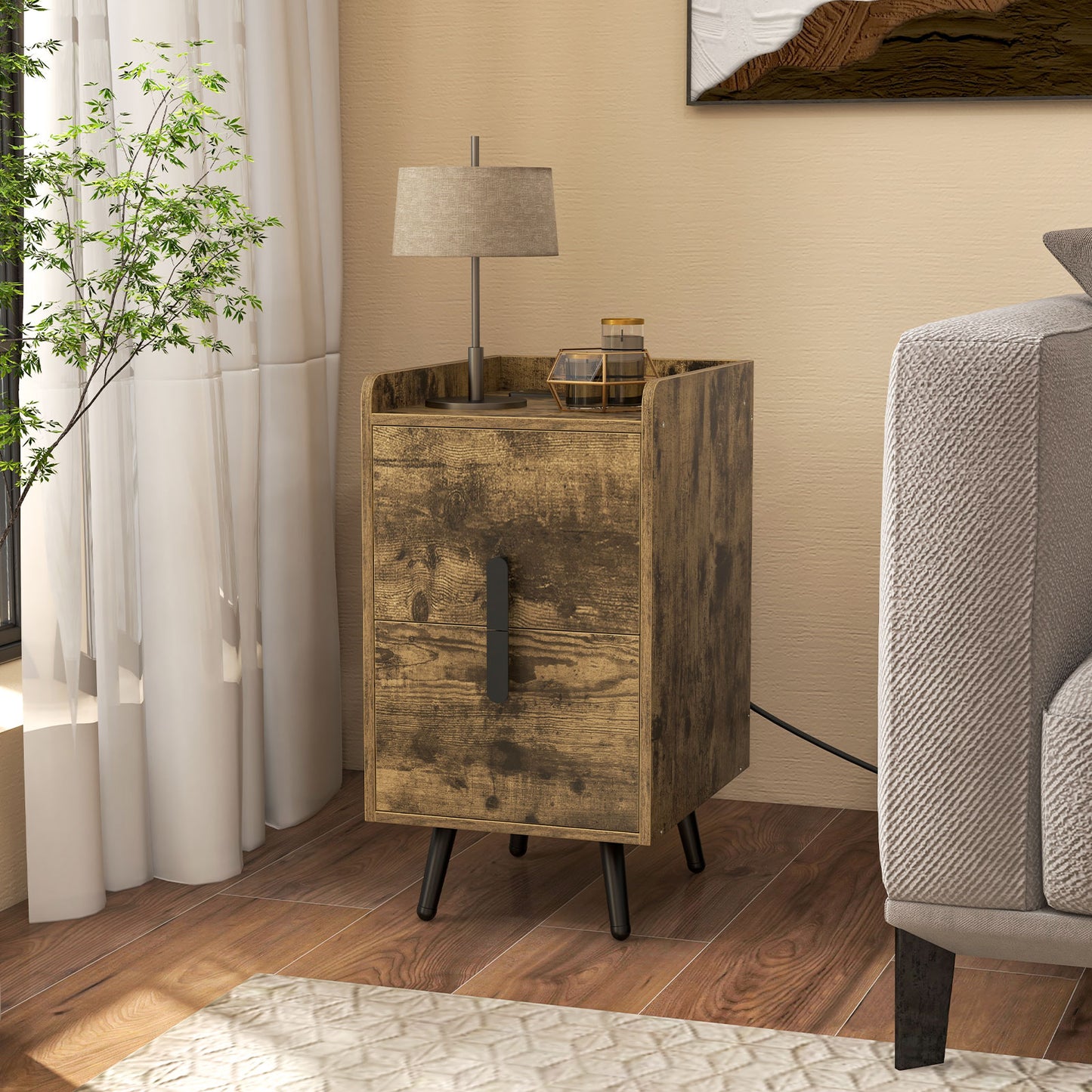 Nightstand Side Tables with 2 Drawers and 2 USB Ports-Rustic Brown Kids Crystal