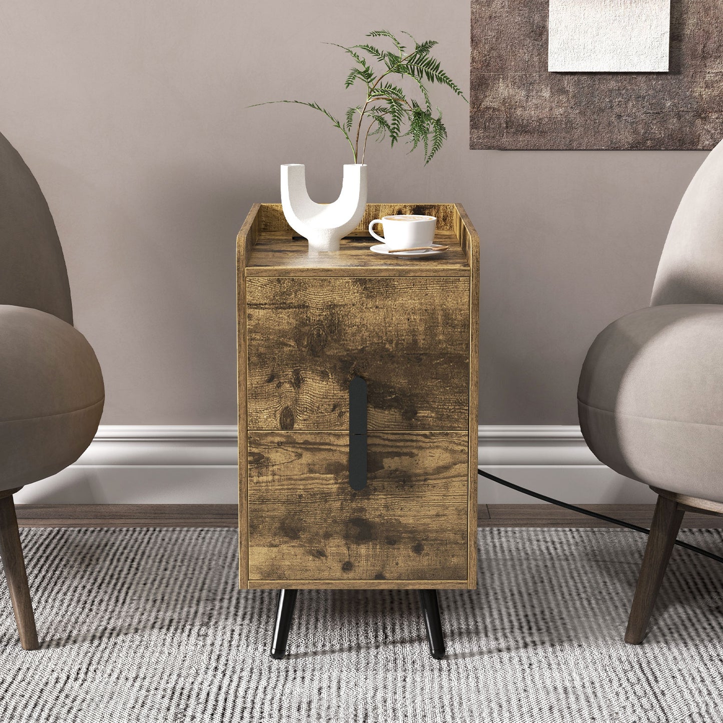 Nightstand Side Tables with 2 Drawers and 2 USB Ports-Rustic Brown Kids Crystal