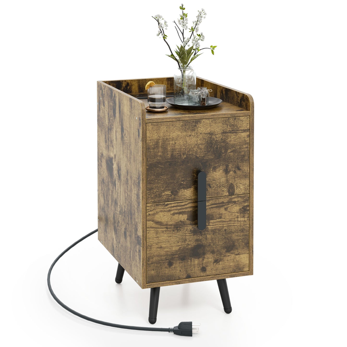 Nightstand Side Tables with 2 Drawers and 2 USB Ports-Rustic Brown Kids Crystal