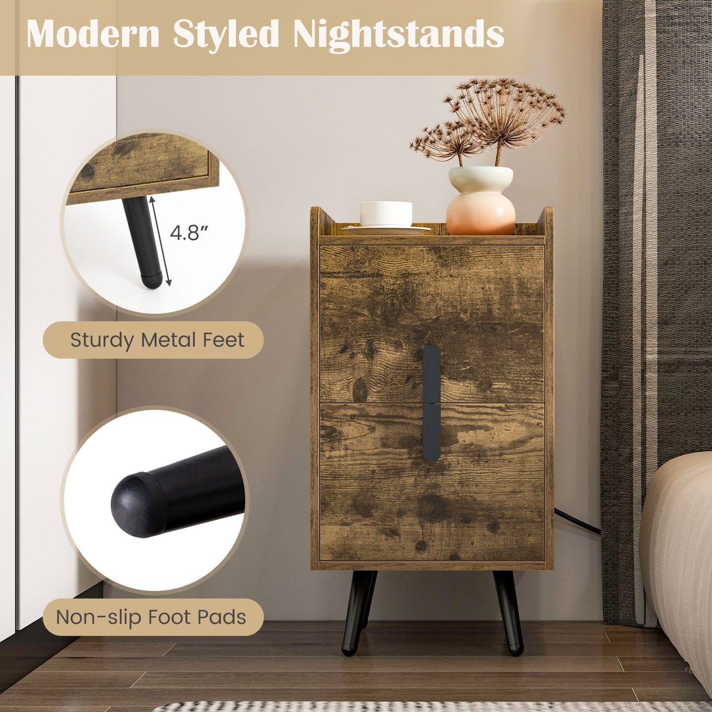 Nightstand Side Tables with 2 Drawers and 2 USB Ports-Rustic Brown Kids Crystal