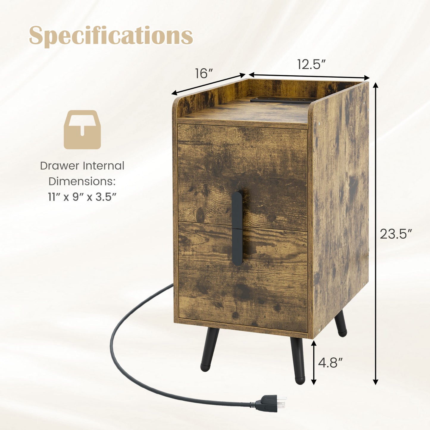 Nightstand Side Tables with 2 Drawers and 2 USB Ports-Rustic Brown Kids Crystal