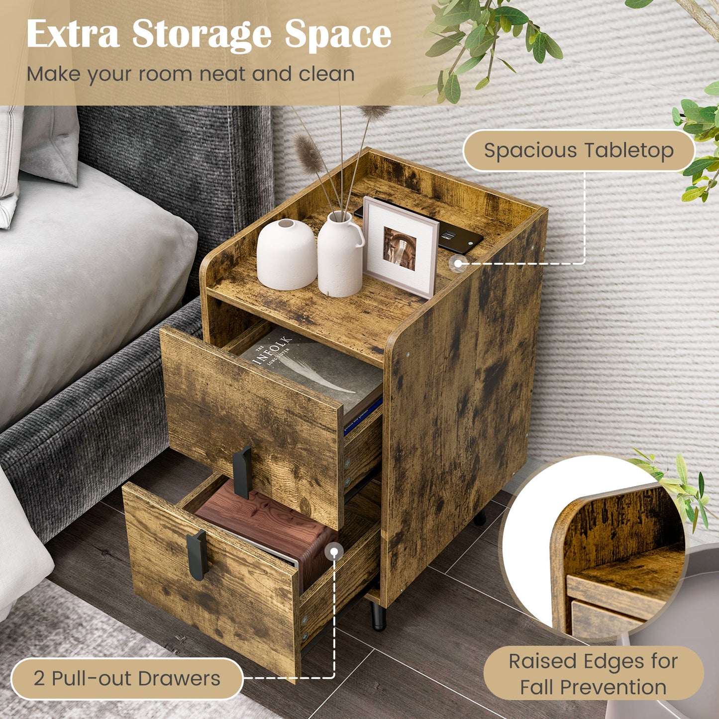 Nightstand Side Tables with 2 Drawers and 2 USB Ports-Rustic Brown Kids Crystal