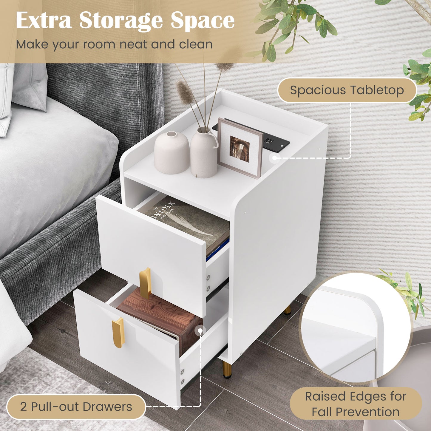 Nightstand Side Tables with 2 Drawers and 2 USB Ports-White Kids Crystal