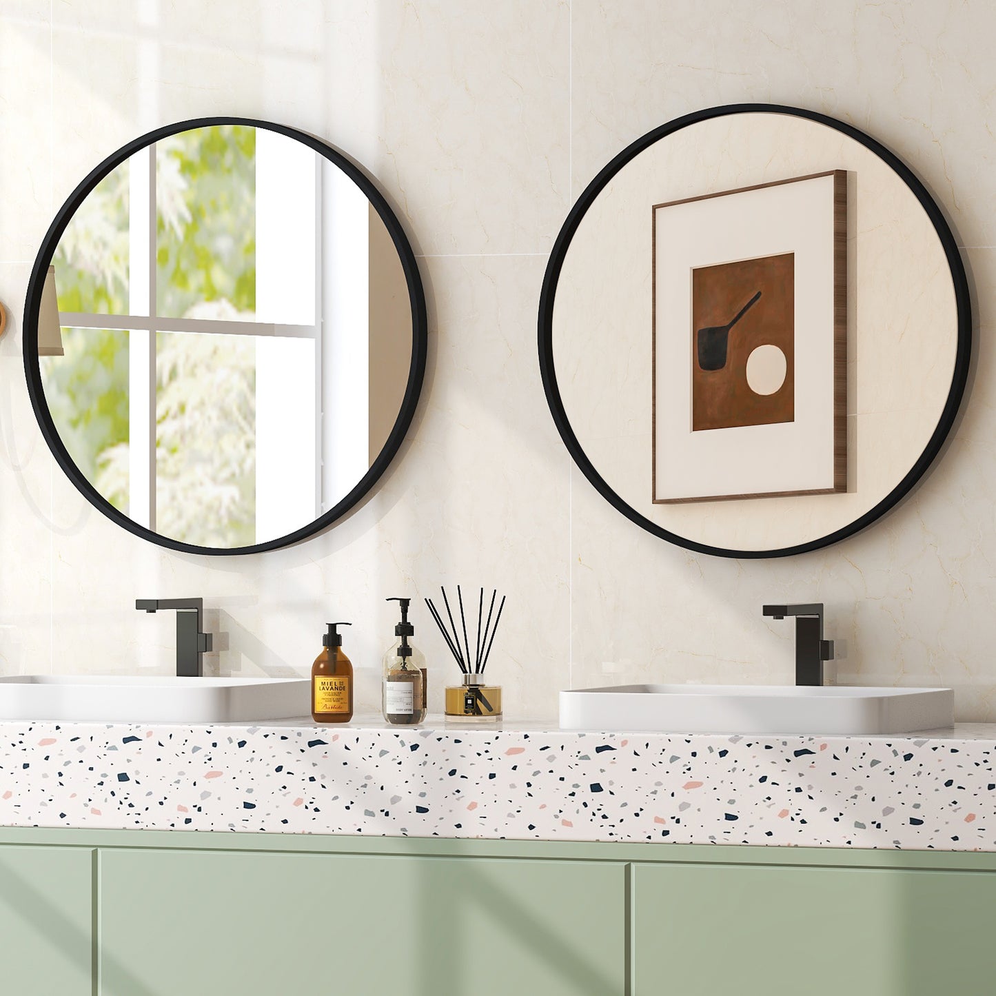 24 Inch Black Circle Bathroom Mirror with Explosion-proof Film Kids Crystal