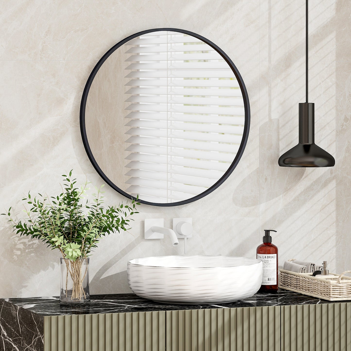 24 Inch Black Circle Bathroom Mirror with Explosion-proof Film Kids Crystal