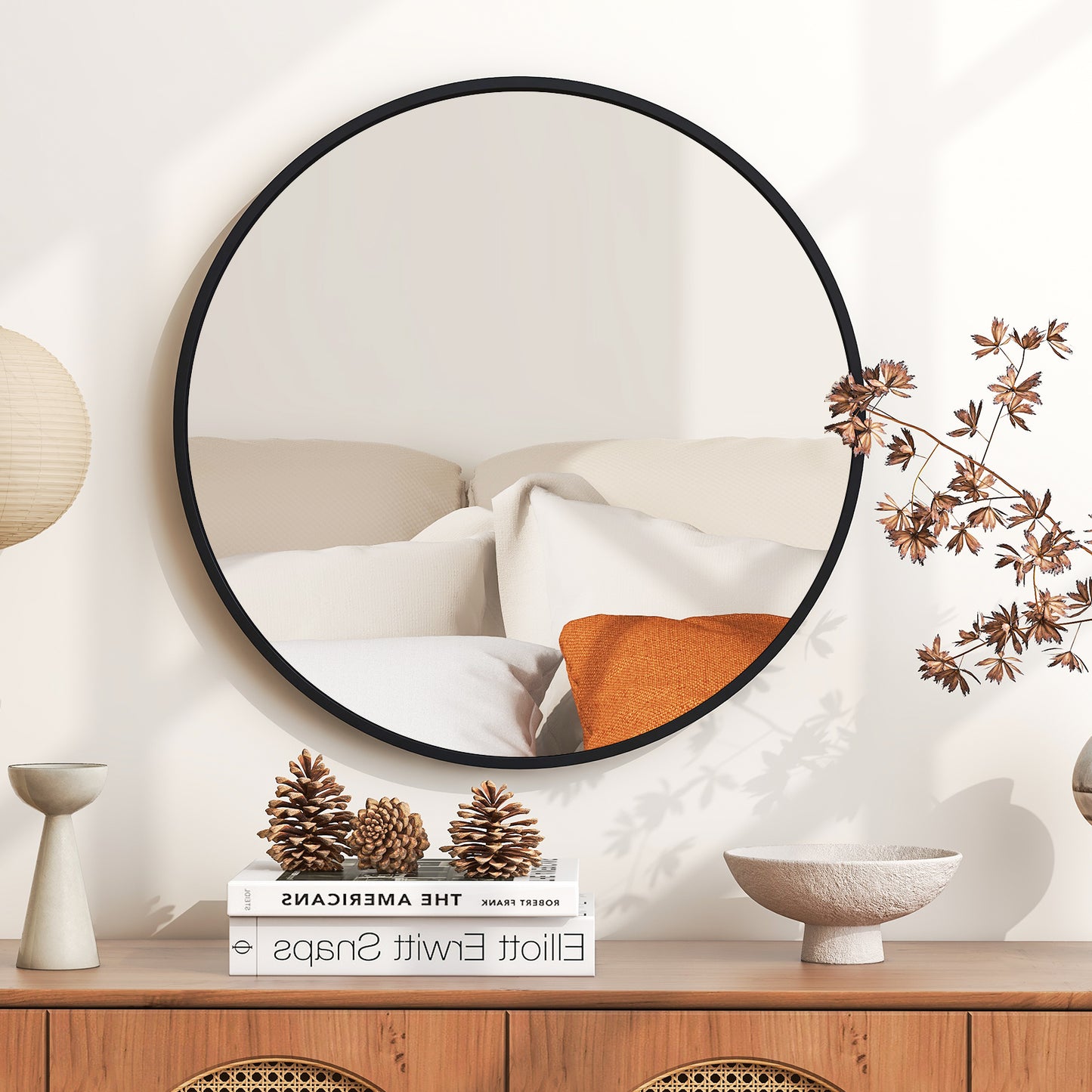 24 Inch Black Circle Bathroom Mirror with Explosion-proof Film Kids Crystal